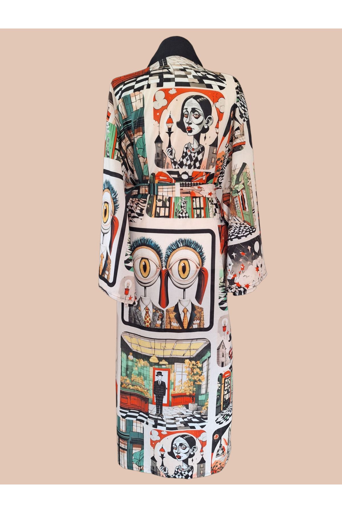 HOYABELLA Krem Renk Özel Tasarım Uzun %100 Pamuk Kimono