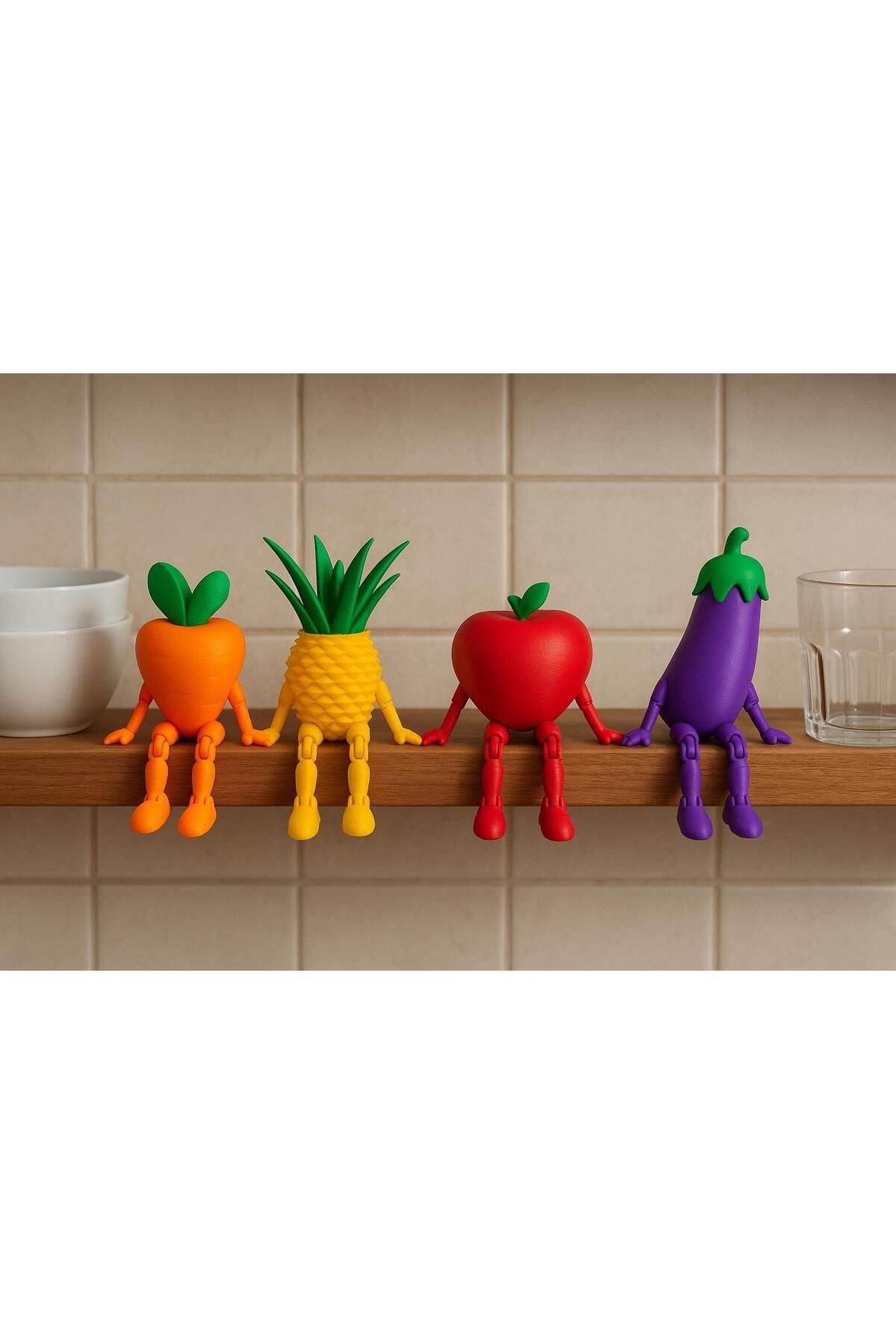 METADESİNG 4'lü Eğlenceli Dekoratif Mutfak Figür Seti /Havuç, Ananas, Domates, Patlıcan Aksesuar