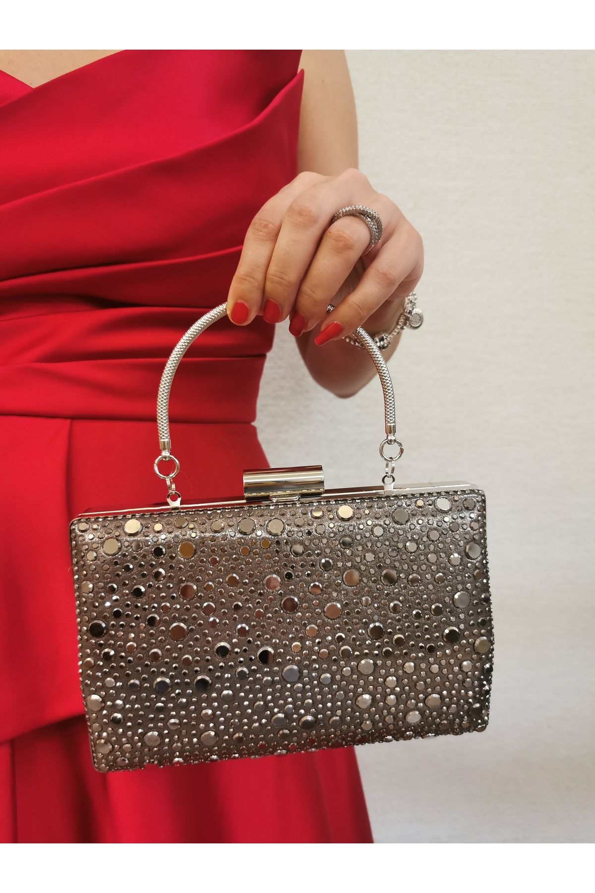 NAZART Kadın Taşlı Platin Abiye Clutch Zincir Askılı El Düğün Nişan Gece Omuz Çantası