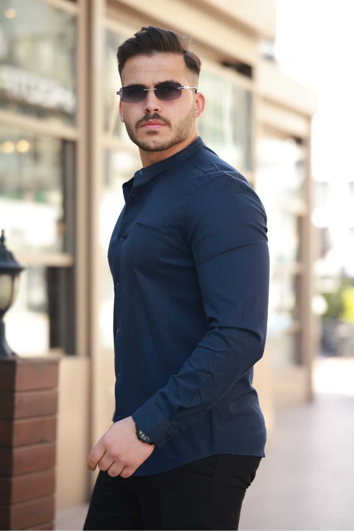 MODA Umre İçin Uygun Pamuk Kumaş Hakim Yaka Slim Fit Battal Gömlek görsel 2
