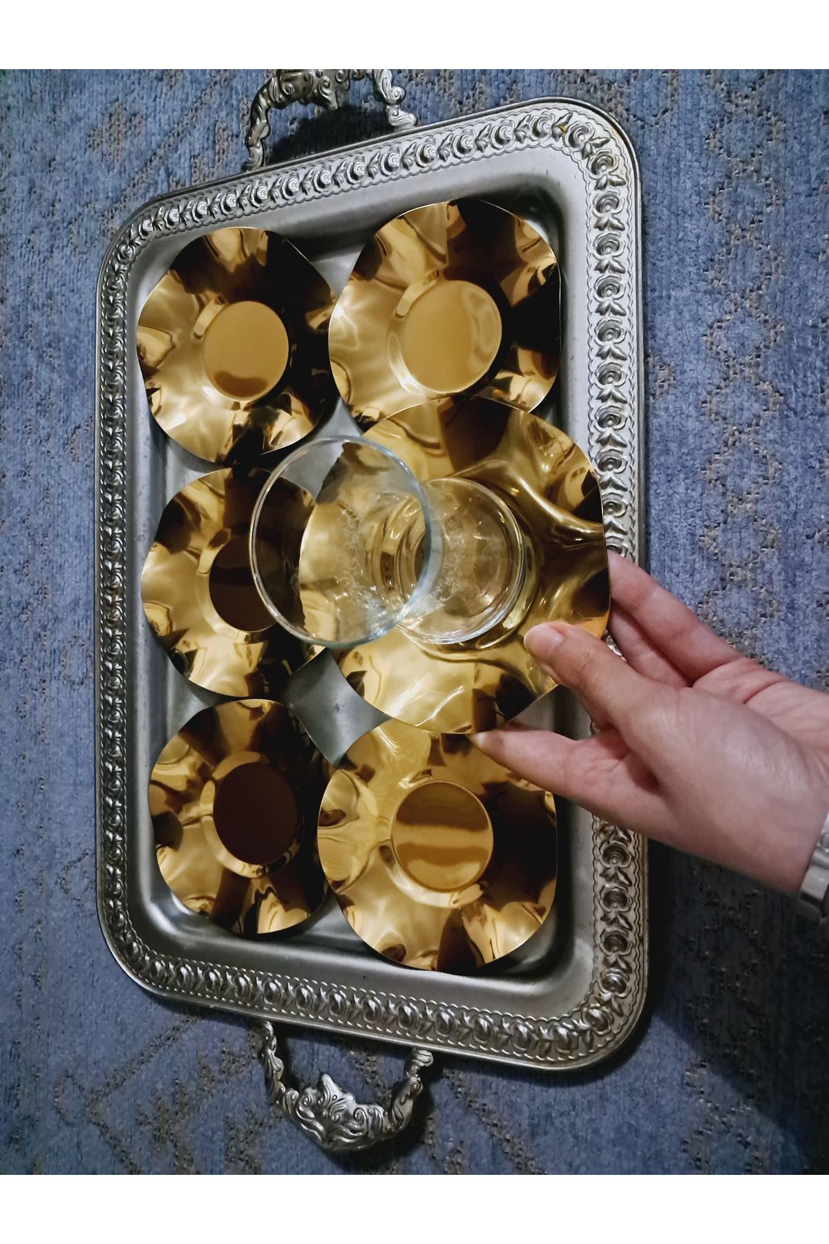 Elk Home ÇELİK GOLD RENK DALGALI MODEL 6 ADET ÇAY TABAĞI BARDAK ALTLIĞI