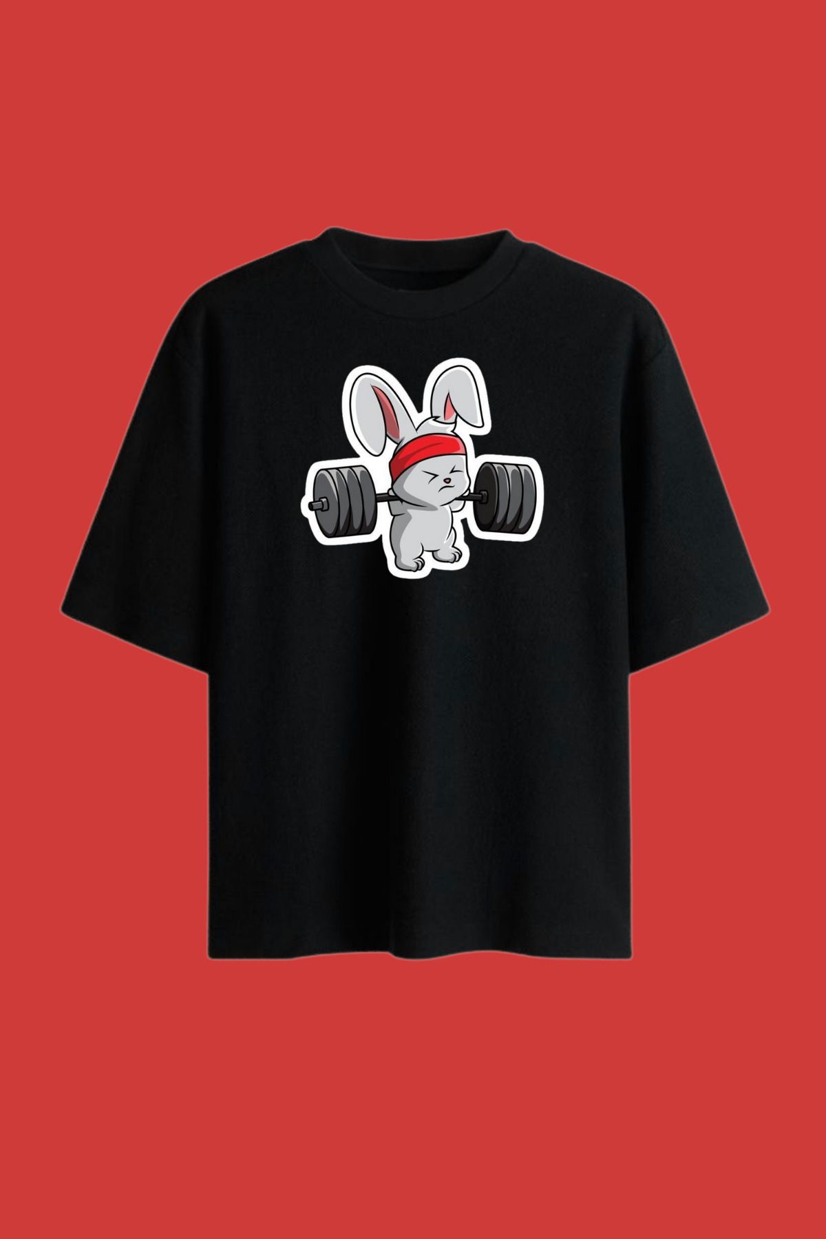 Dupe Design Tavşan Gym Baskılı Oversize T-shirt Siyah