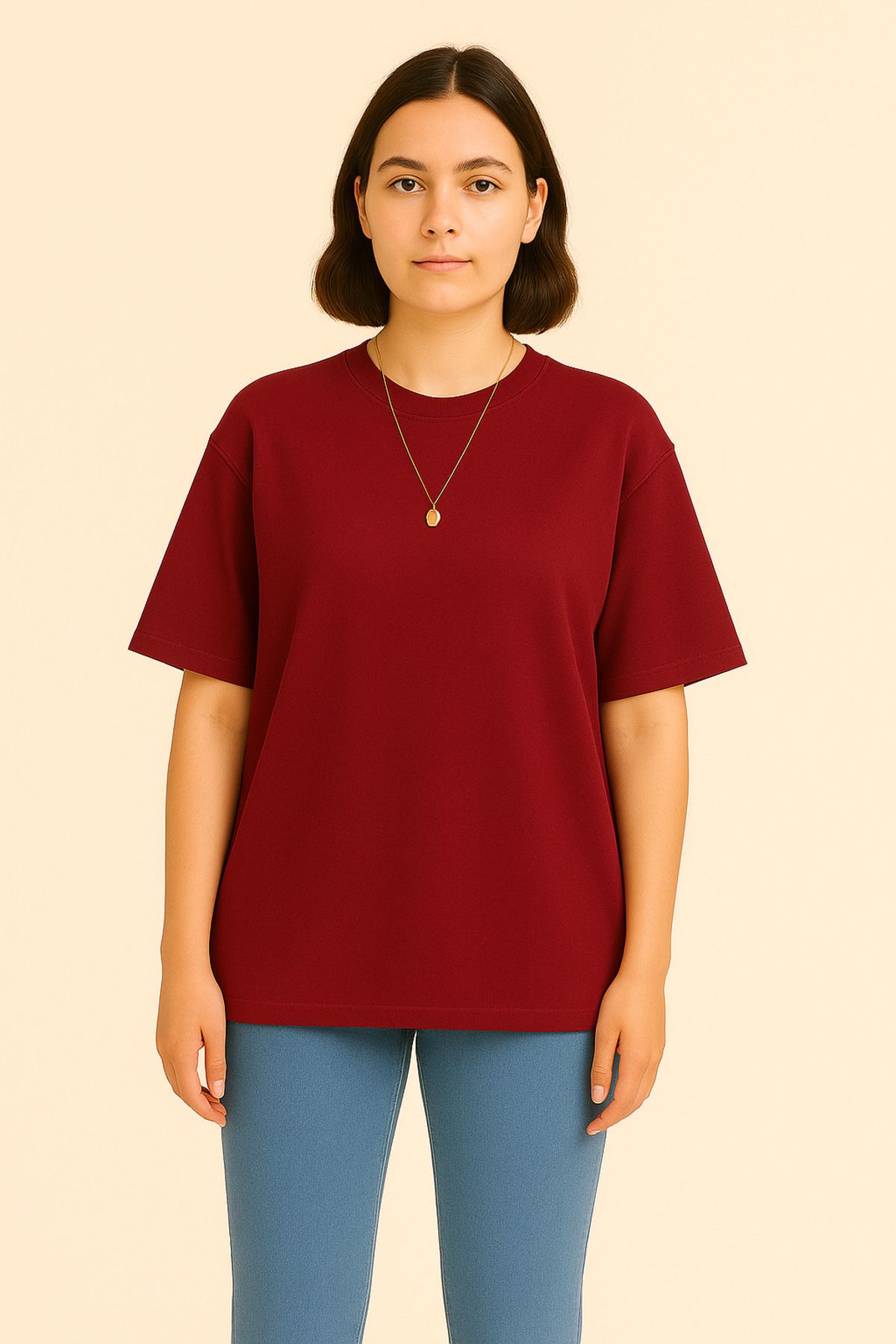 INFLUYENTE Kadın Oversize Modal Kumaş Rahat Kalıp Bisikletlet Yaka Canlı Renk İpeksi His Basic T-Shirt