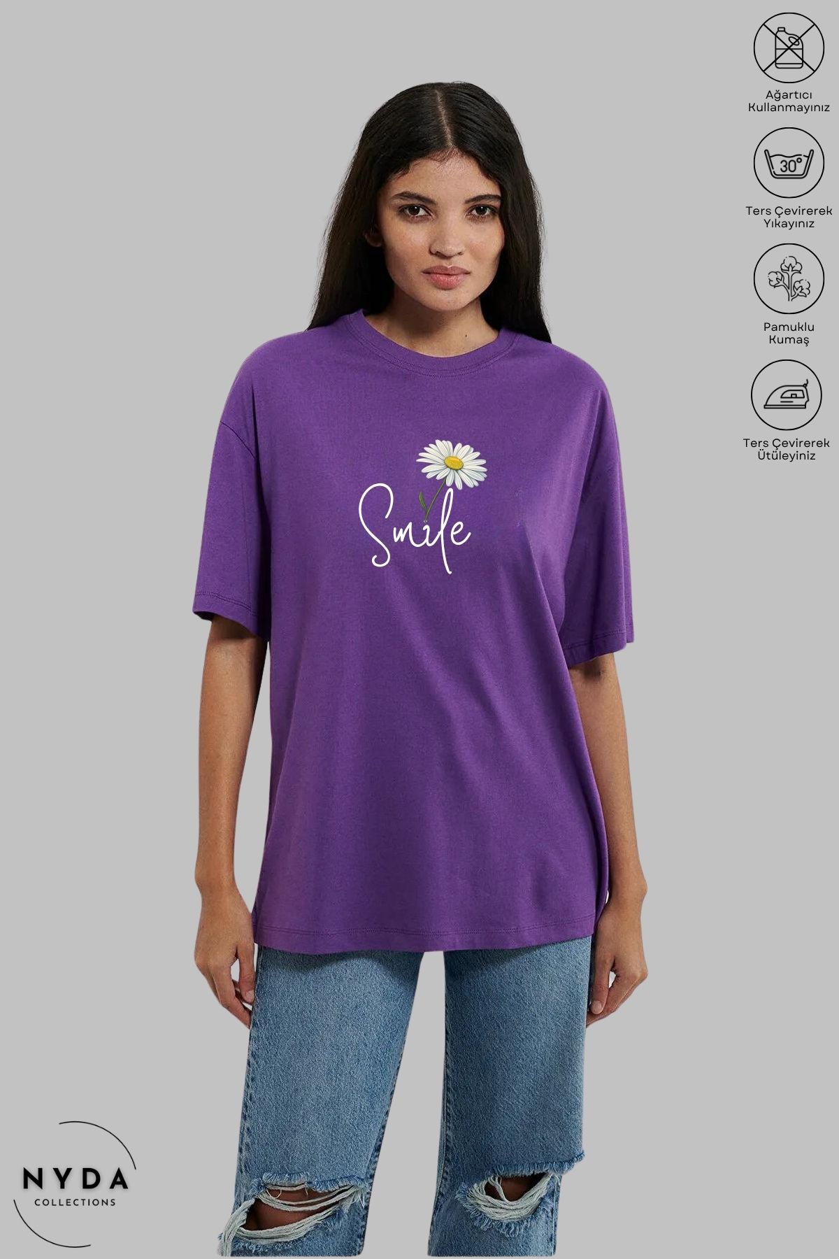 Nyda Collections Kadın Bisiklet Yaka Papatya Smile Baskılı Pamuk Oversize Kısa Kollu Tişört