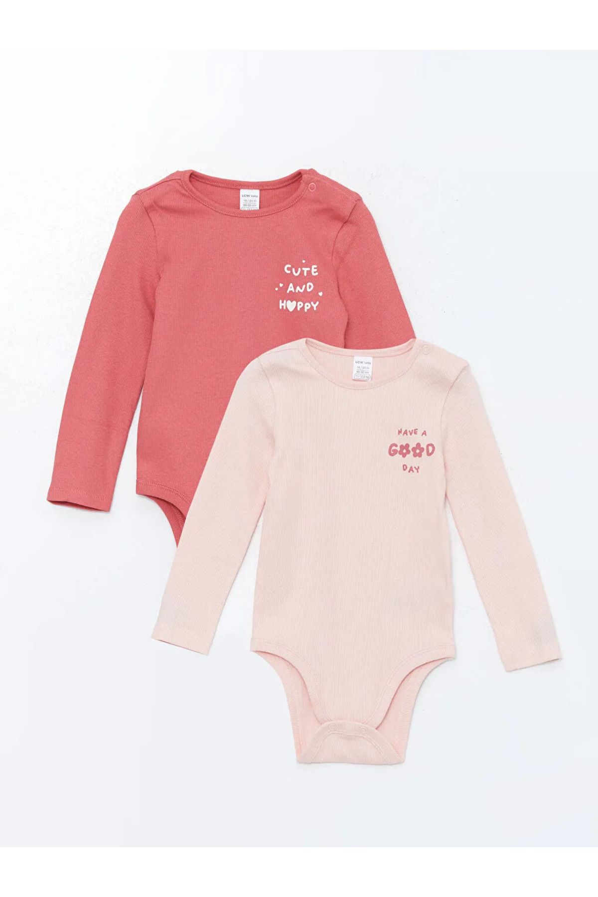LC Waikiki LCW baby Pembe Bisiklet Yaka Uzun Kollu Baskılı Kız Bebek Çıtçıtlı Bodysuit 2'li