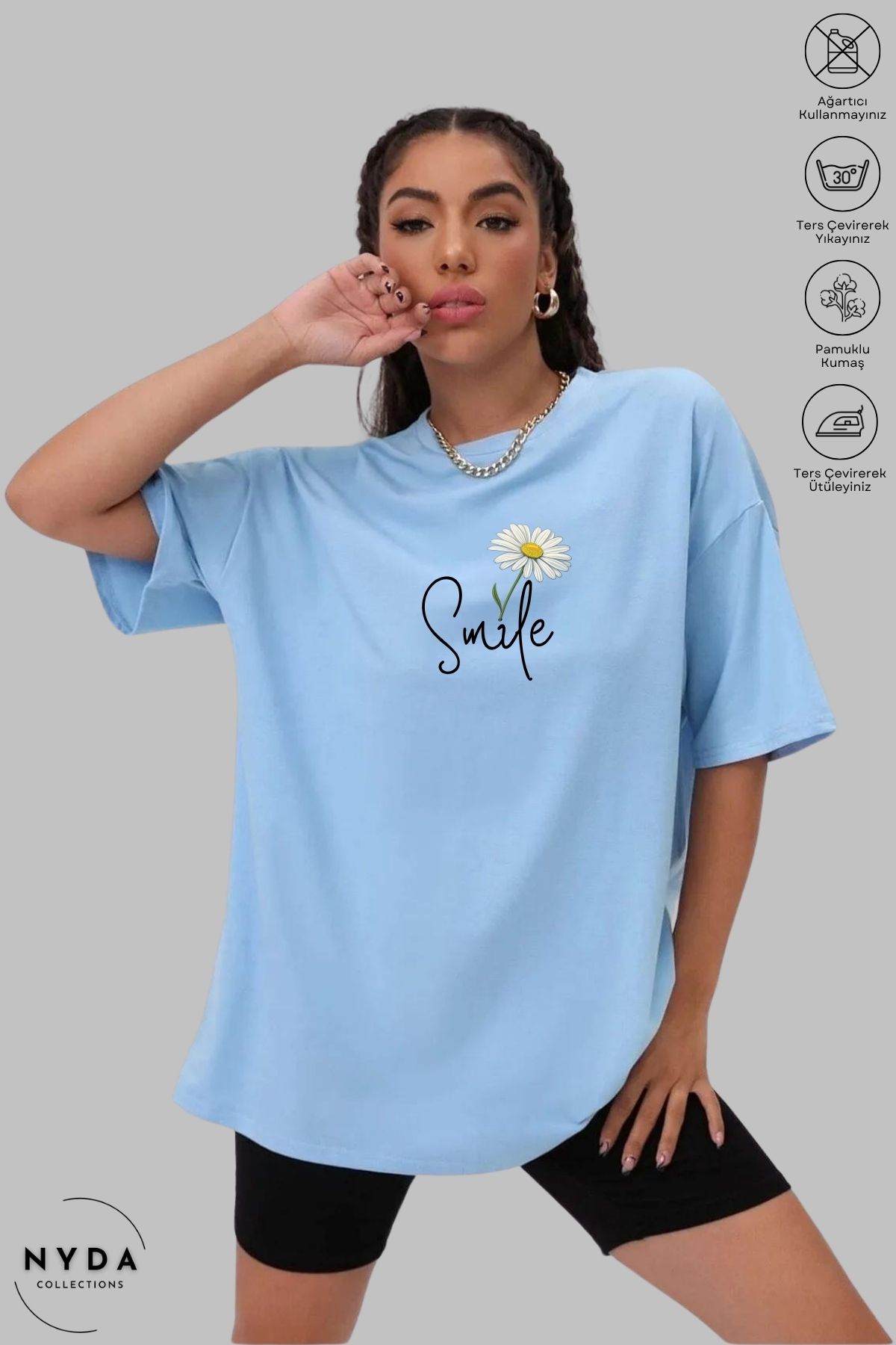 Nyda Collections Kadın Bisiklet Yaka Papatya Smile Baskılı Pamuk Oversize Kısa Kollu Tişört