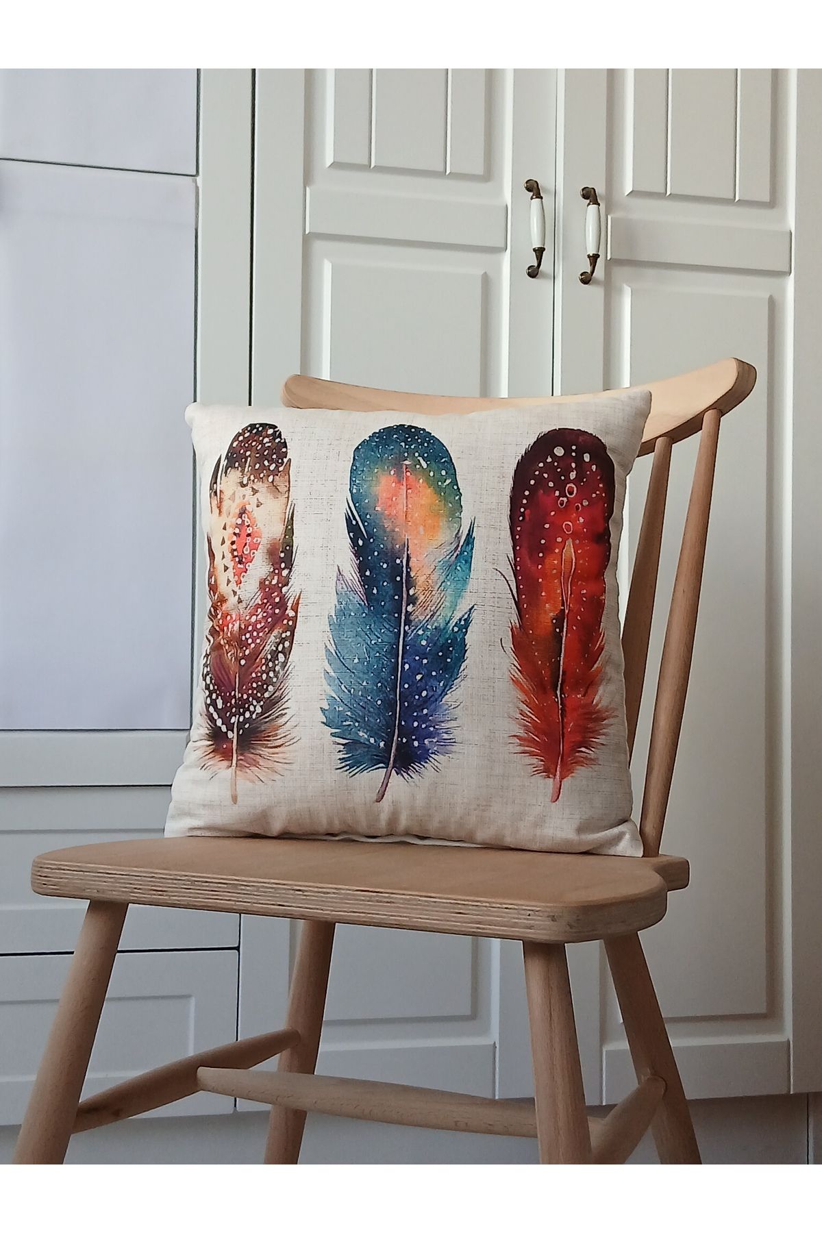ARVA Home Keten Yapraklı kırlent Kılıfı Renkli Tüylü 43x43 cm