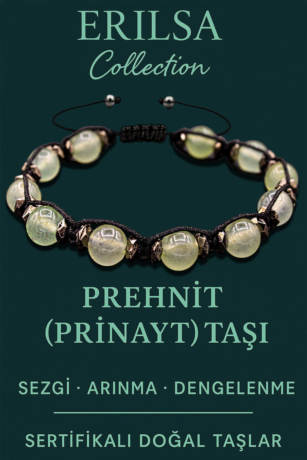 Erilsa Sertifikalı Terahertz & Prehnit (Prinayt) Taşı Bileklik – Kalp Şifası, Sezgi ve Koruyucu Enerji