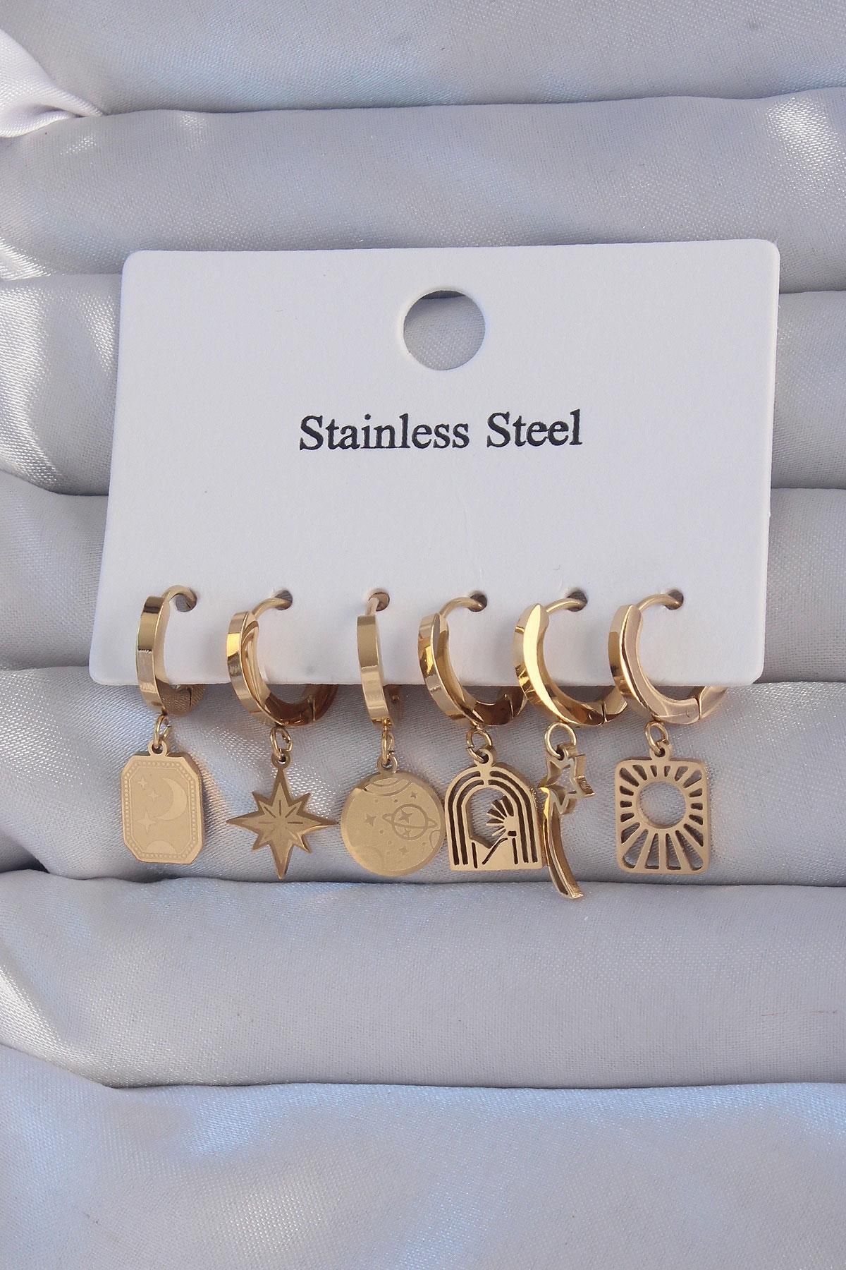 prativas 316L Çelik Gold Renk Yıldız Figürlü Tarot Model Halka Küpe Seti