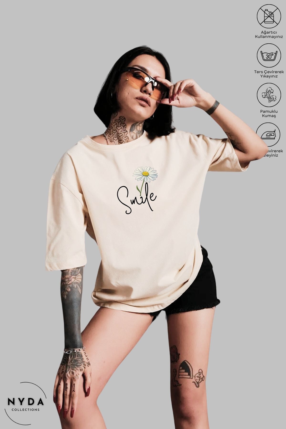 Nyda Collections Kadın Bisiklet Yaka Papatya Smile Baskılı Pamuk Oversize Kısa Kollu Tişört