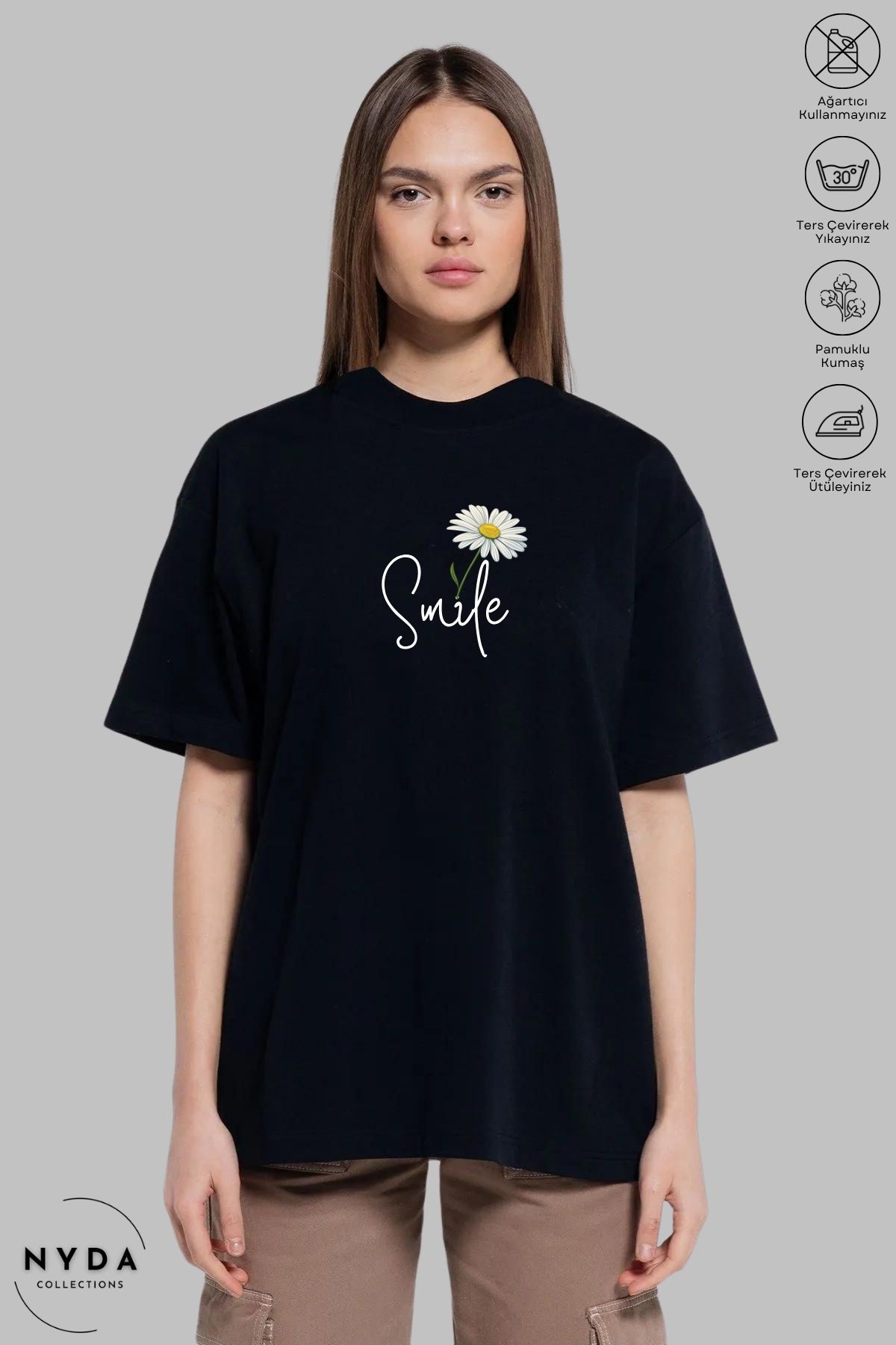 Nyda Collections Kadın Bisiklet Yaka Papatya Smile Baskılı Pamuk Oversize Kısa Kollu Tişört