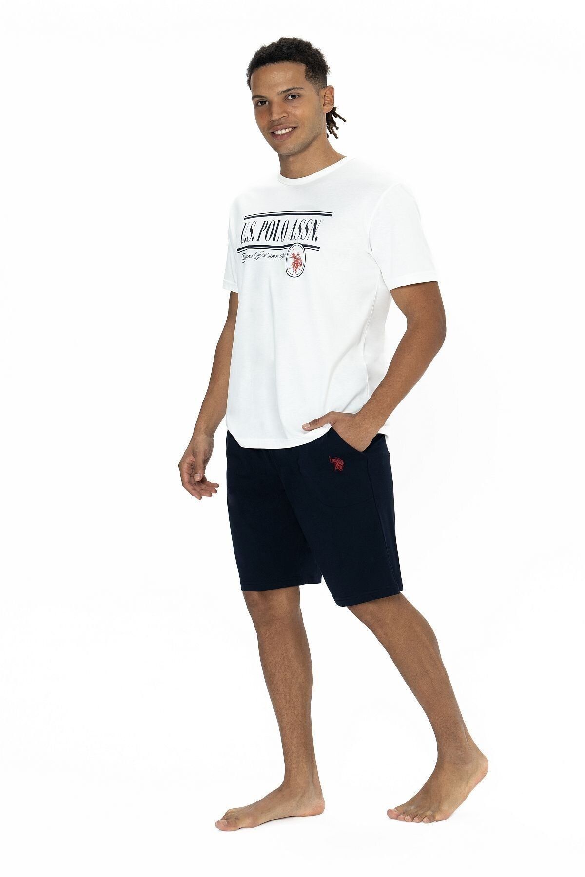 U.S. Polo Assn. U.S. Polo Assn. Erkek Ekru Kısa Kollu Bisiklet Yaka Şortlu Pijama Takımı