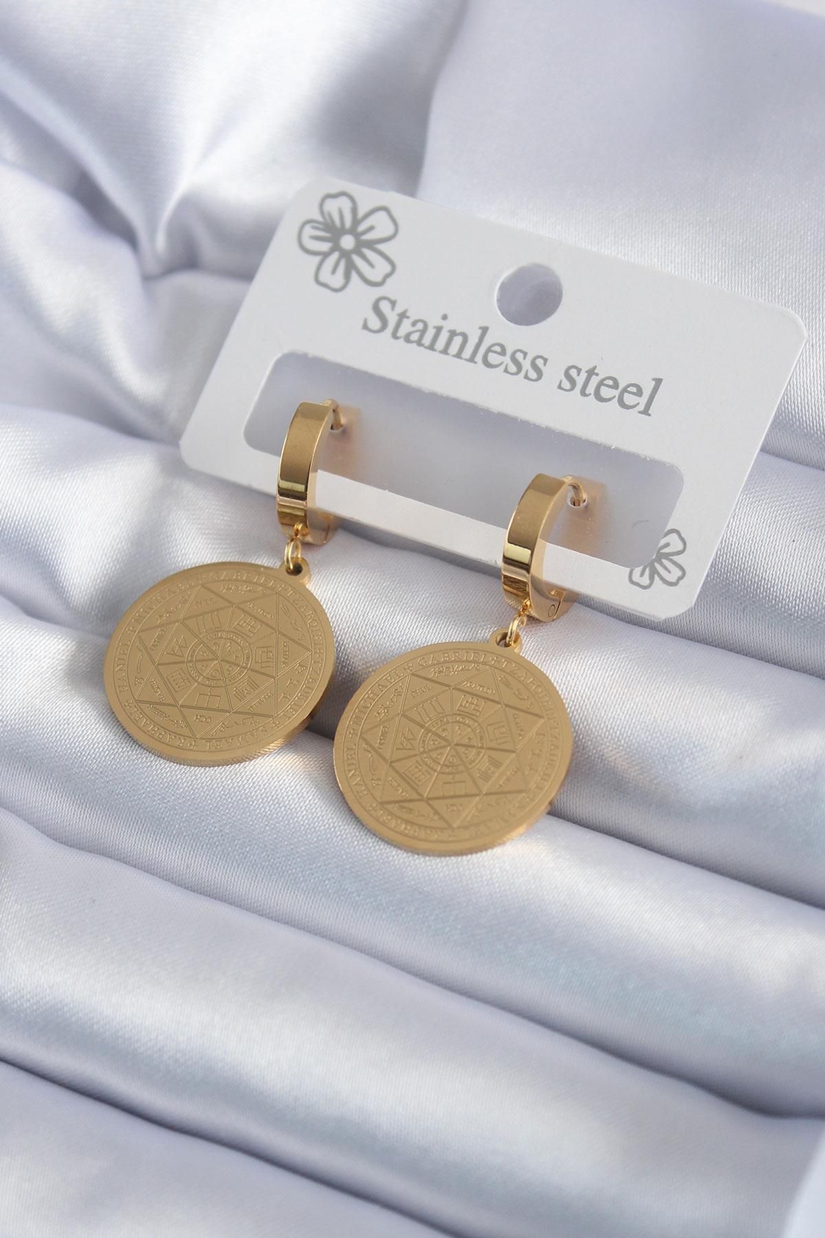 prativas 316L Çelik Gold Renk Pentagram Yıldızı İşleme Model Kadın Küpe