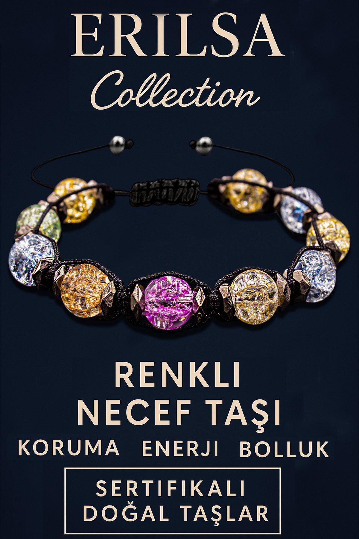 Erilsa Sertifikalı Terahertz & Renkli Necef Taşı Bileklik – Canlılık, Uyum ve Enerji Koruması