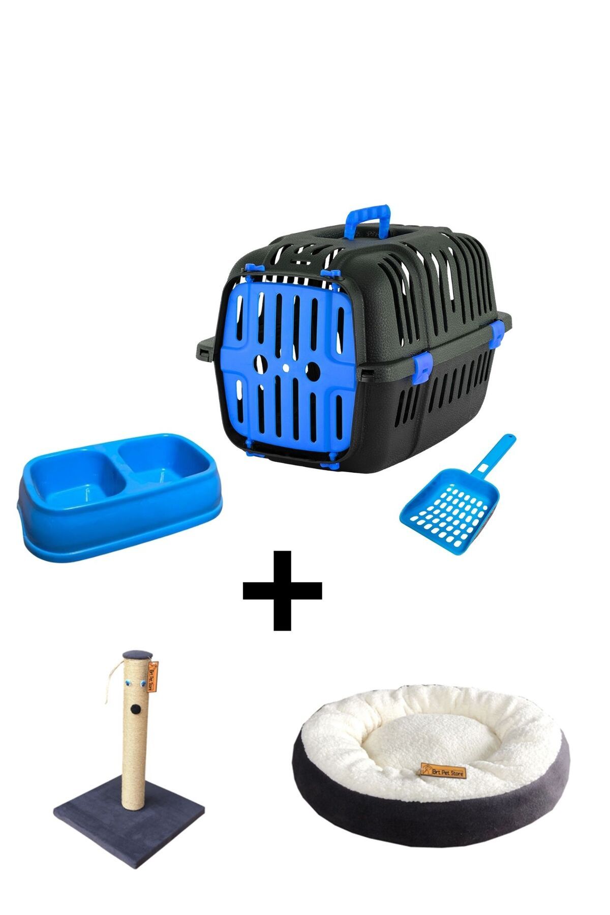 TimBox Taşıma kafesi-sepeti + Simit yatak + Tırmalama +Kürek ve Büyük mama kabı hediyeli set-BX1