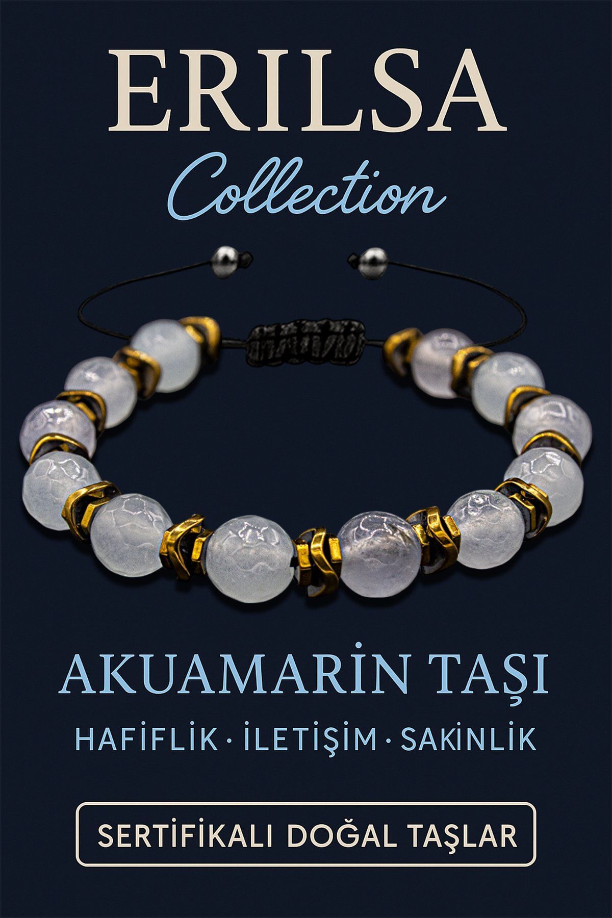 Erilsa Sertifikalı Fasetli Hematit & Akuamarin Taşı Bileklik – Sakinlik, Güç ve Zihinsel Netlik