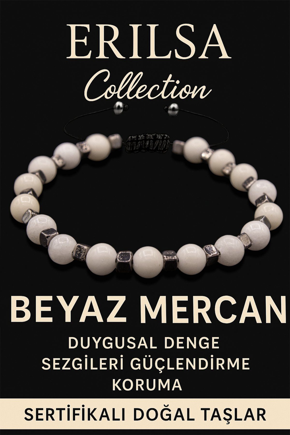 Erilsa Sertifikalı 6mm Terahertz & Beyaz Mercan Taşı Bileklik – Sakinlik, Saflık ve Koruma