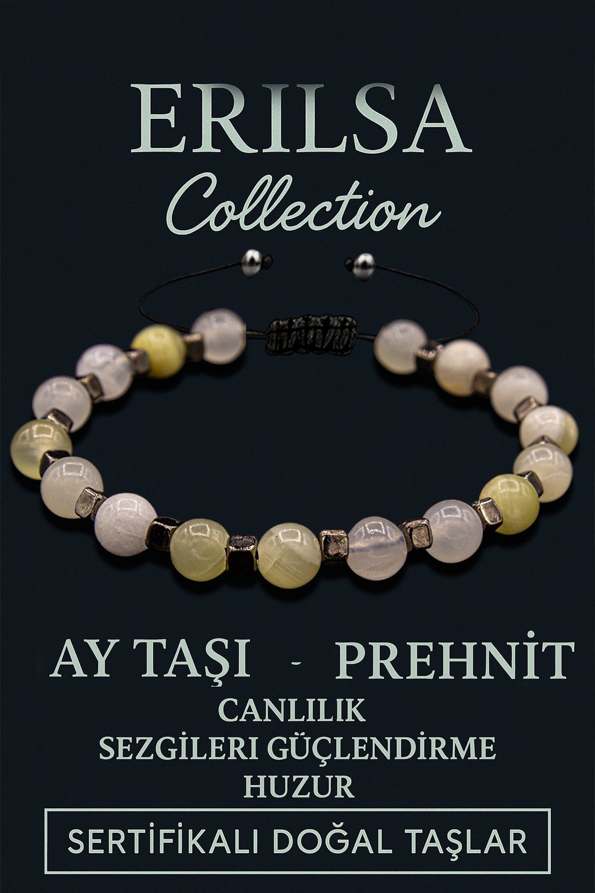Erilsa Sertifikalı Terahertz & Ay Taşı - Prehnit Bileklik – Sezgi, Şefkat ve Koruma