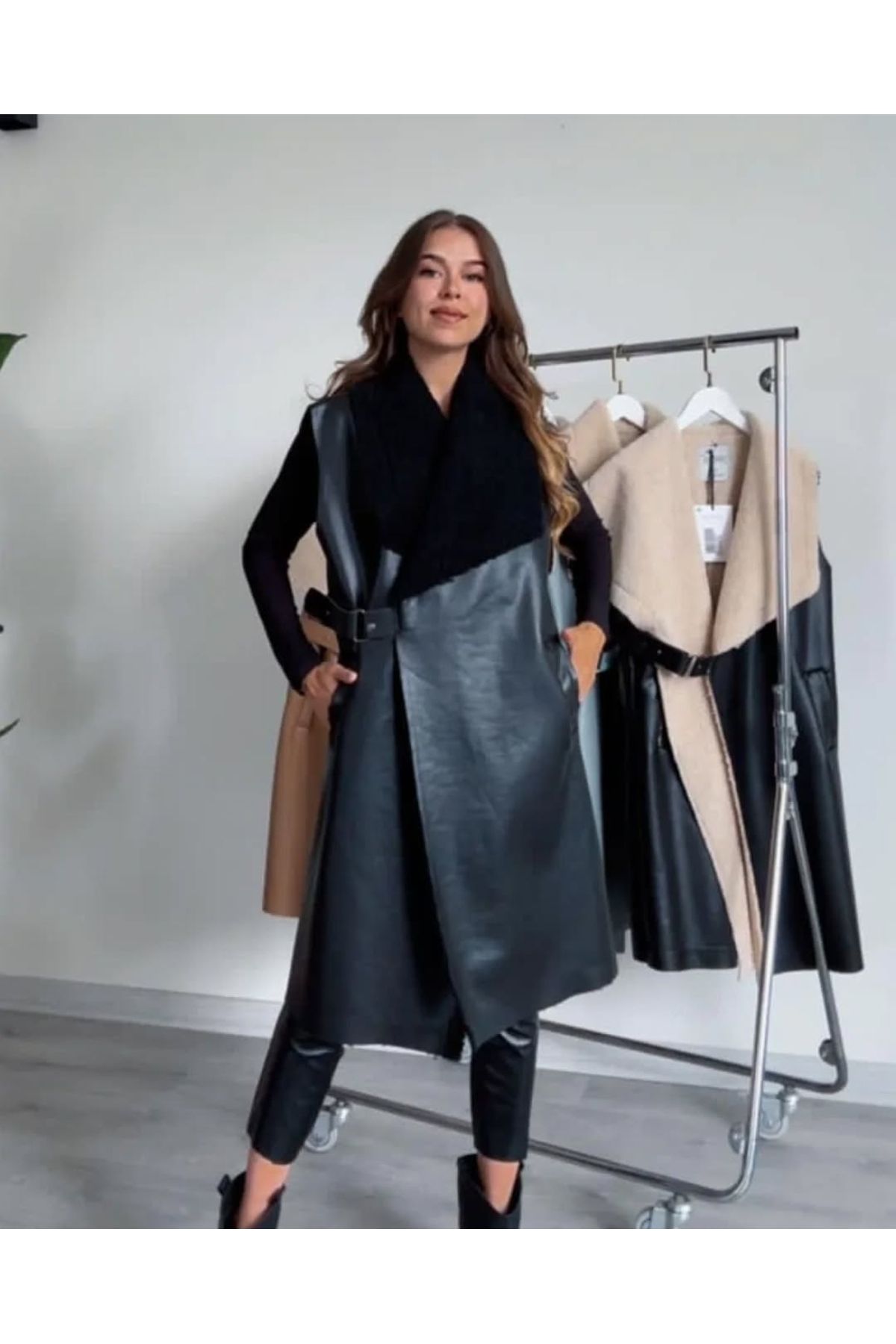 Lovely butik Kadin Mi̇di̇ Boy Suni̇ Deri̇ İçi̇ Peluşlu Uzun Mont