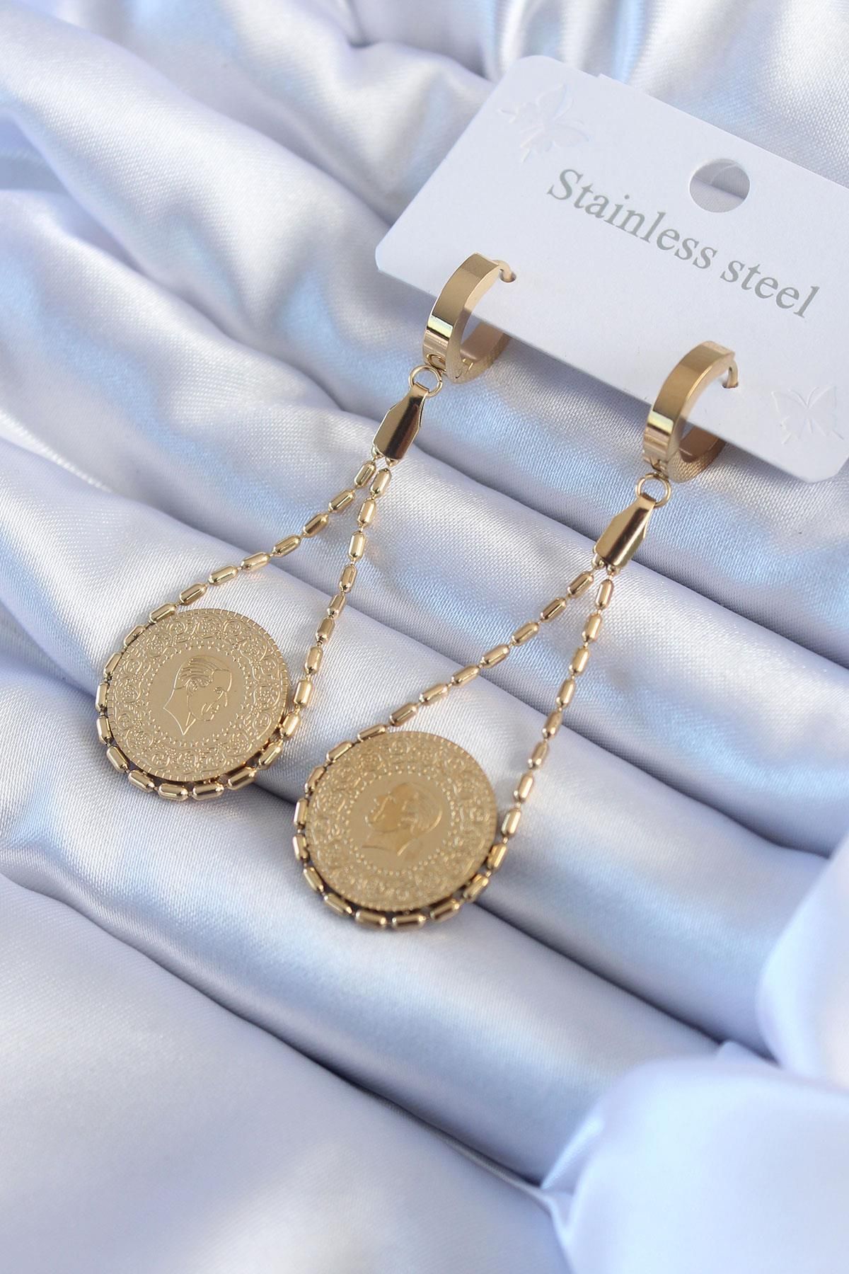 prativas 316L Çelik Gold Renk Çeyrek Model Kadın Küpe