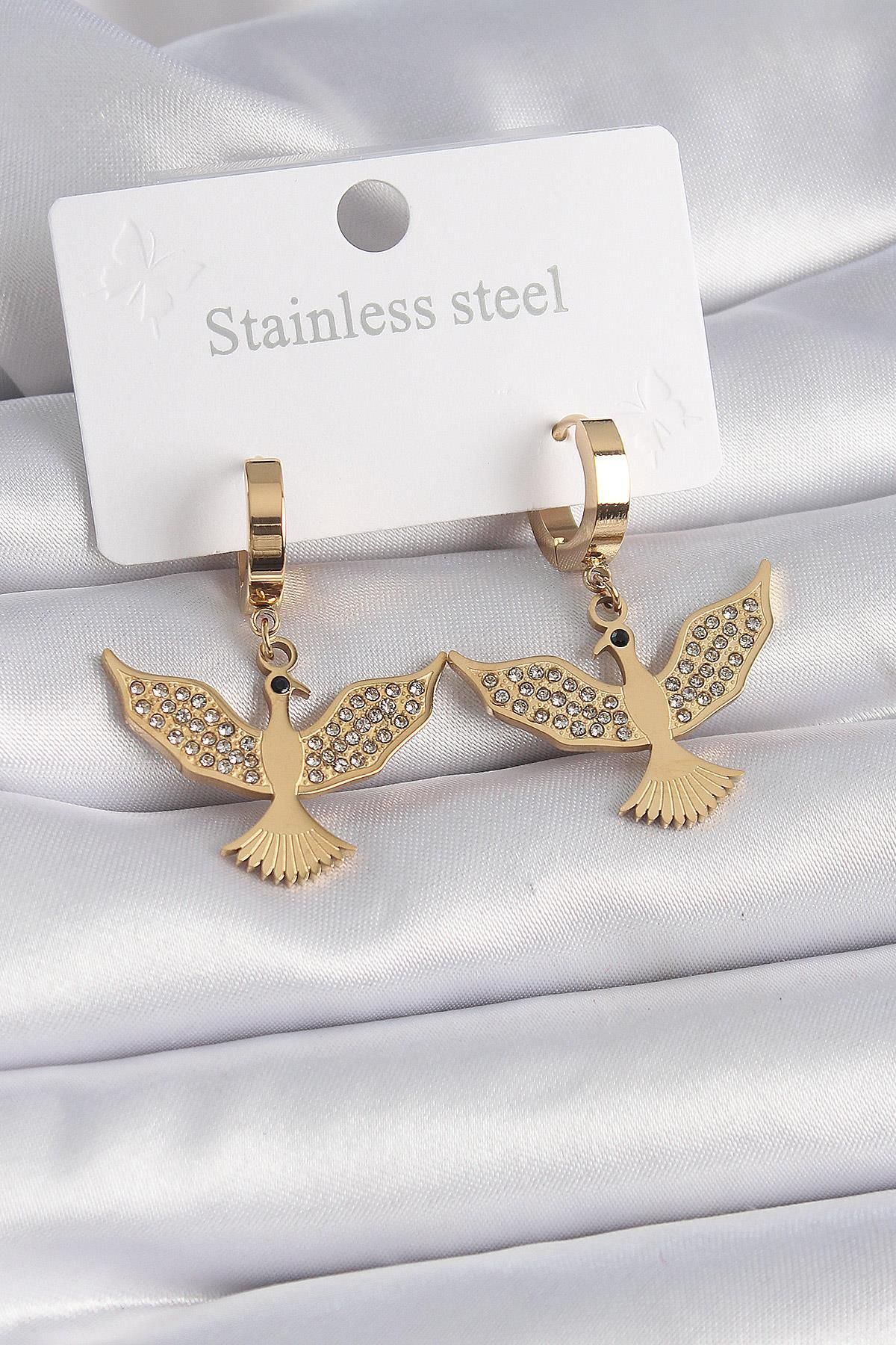 prativas 316L Çelik Gold Renk Zirkon Taşlı Anka Kuşu Model Kadın Küpe