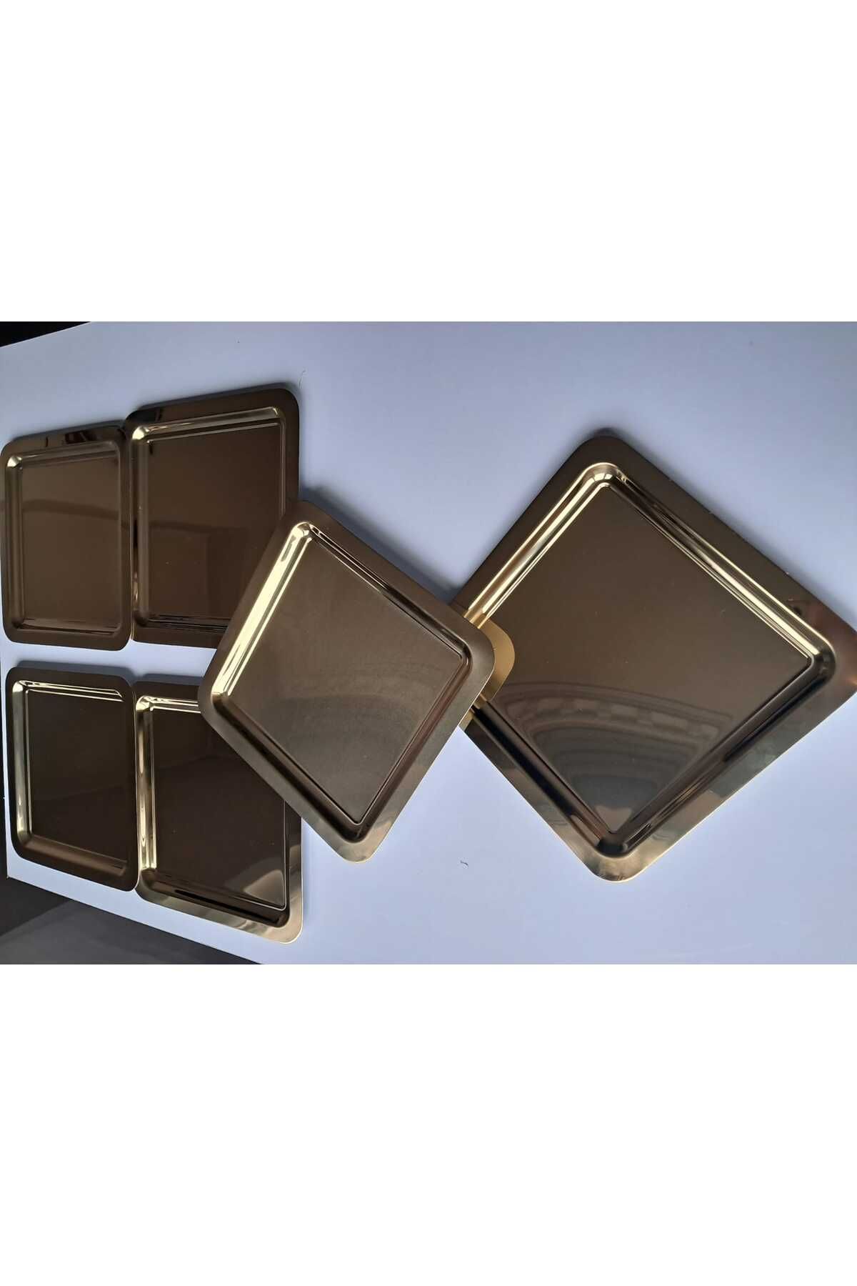 Elk Home 6 ADET PARLAK GOLD ALTIN KARE PASLANMAZ ÇELİK KAHVE SERVİS SUNUM TEPSİSİ (21X21)