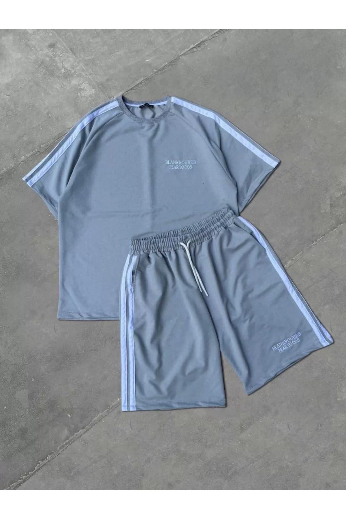 FantaziAtölyesi Unisex Şeritli Baskılı Şortlu Takım - Boyalı Gri