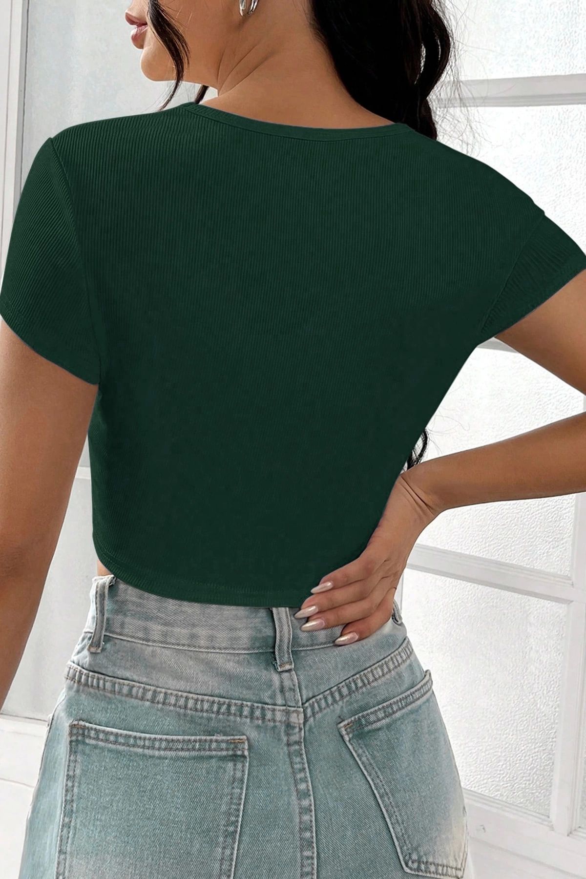 GiyimCity Kadın Yeşil Yarım Kol Düz Yaka Crop Top Bluz