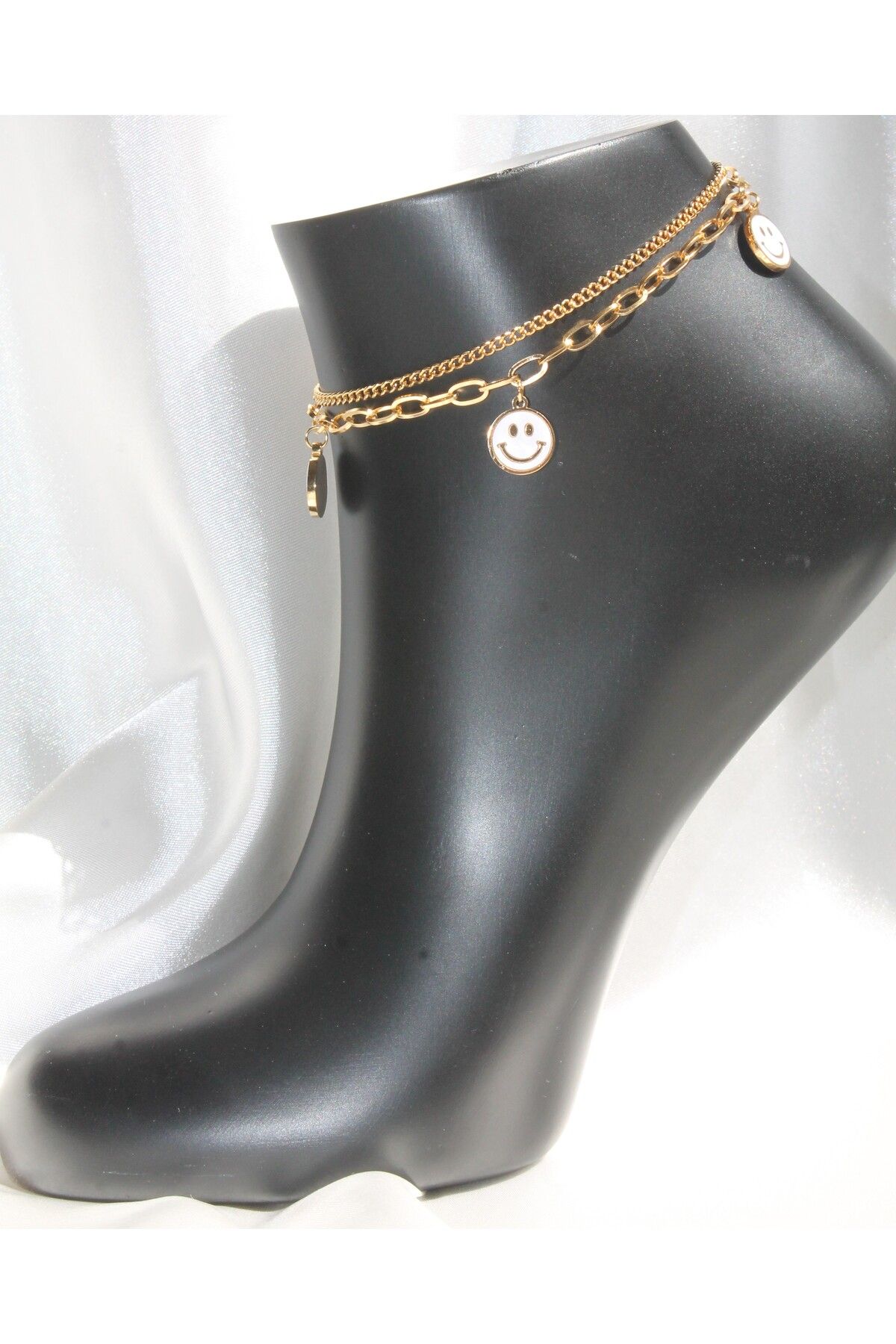TEDDY JEWELLRY Gülen Surat Figürlü 2 li Zincir Gold Çelik Halhal