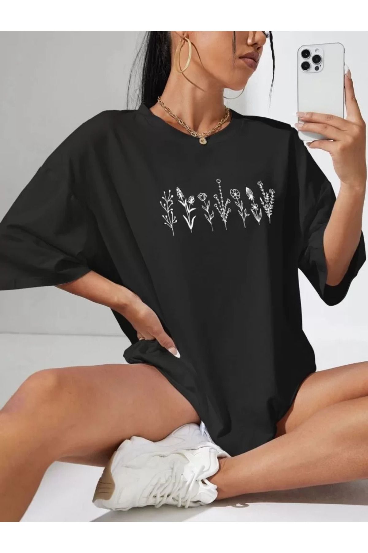 FantaziAtölyesi Kadın Baskılı Oversize T-shirt - Siyah
