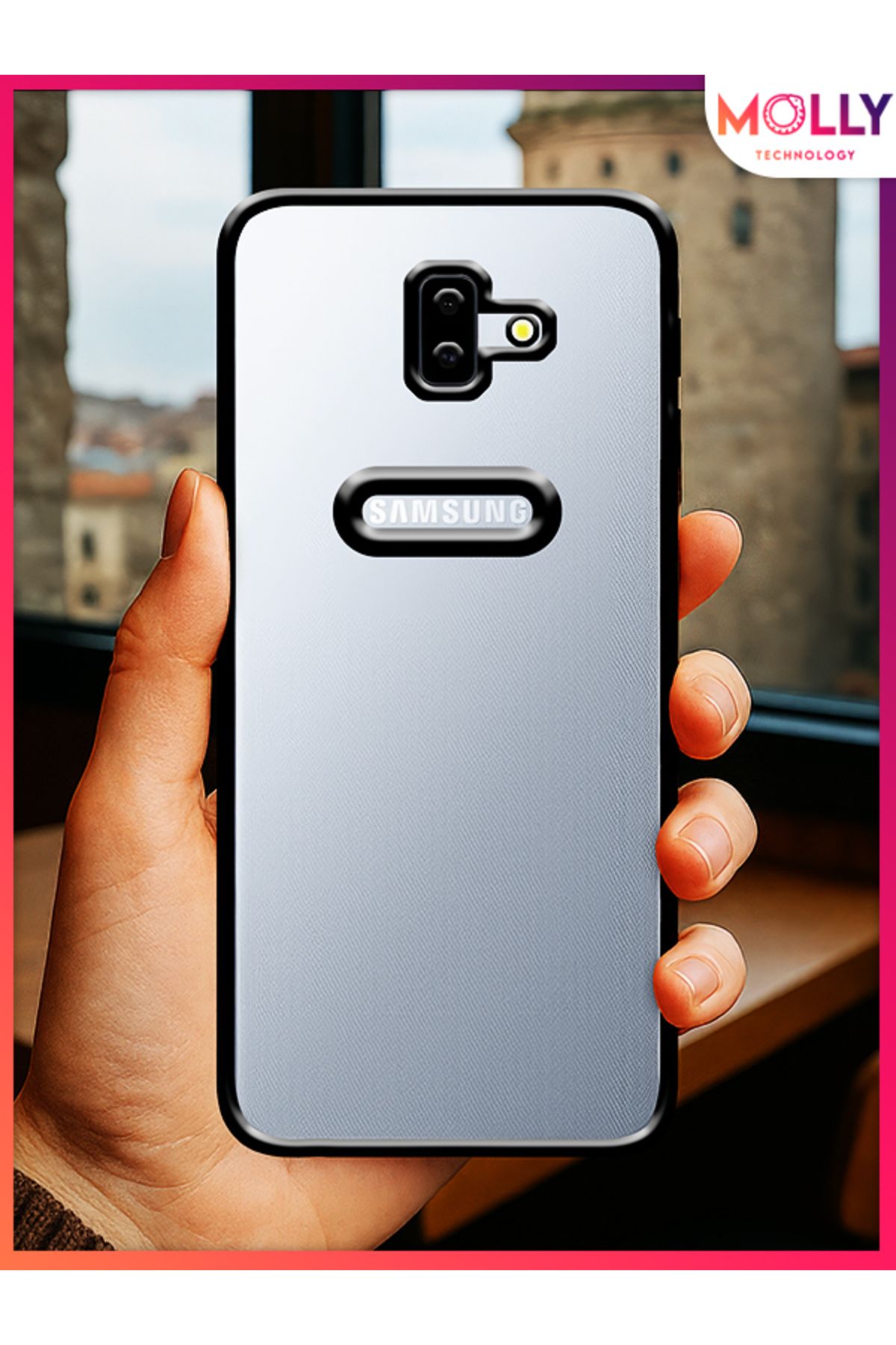 Molly Samsung Galaxy J6 PLUS İçin Kenarları Siyah Lens Koruyuculu Lou Lazer Şeffaf Silikon Kılıf