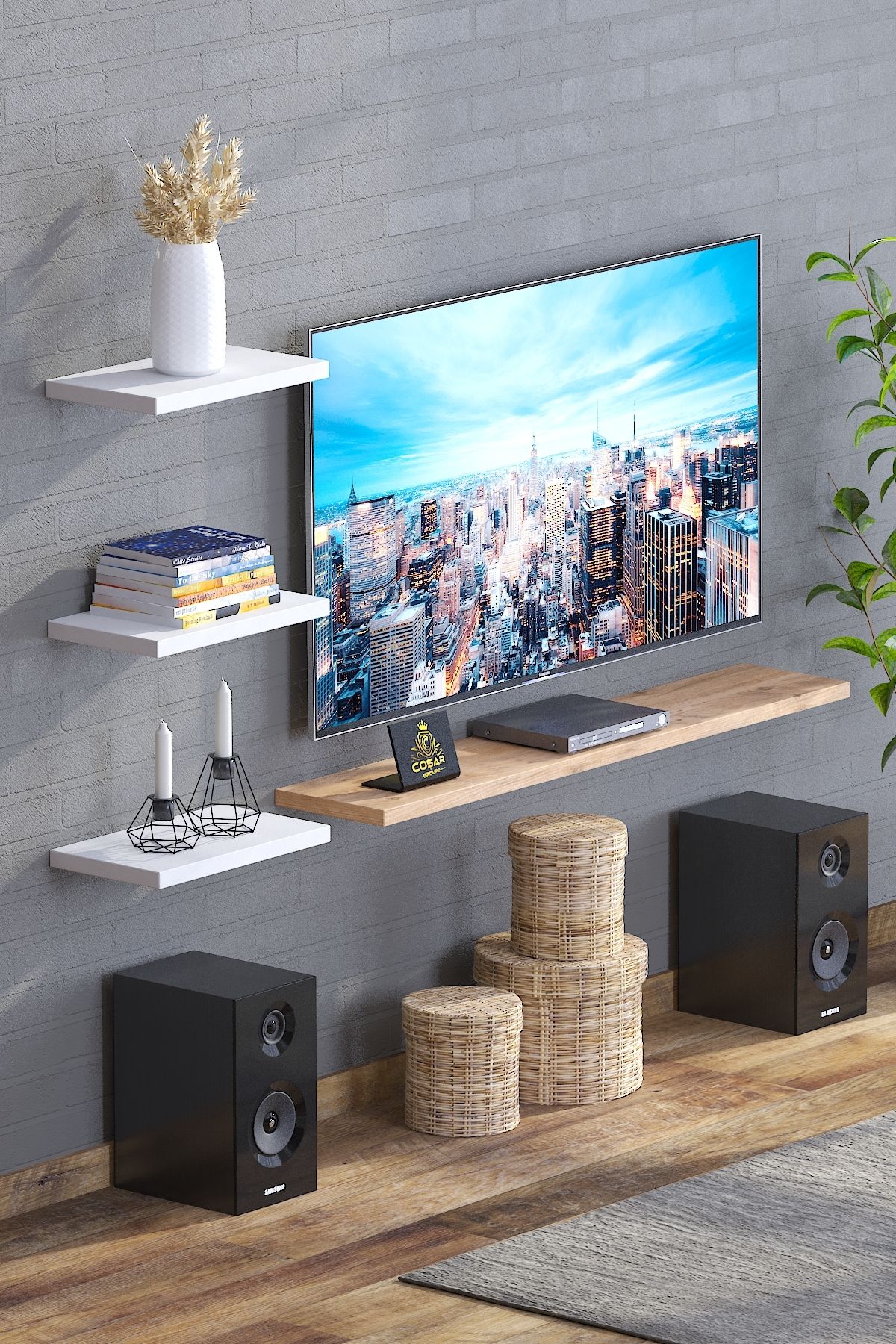 Cosargroup 4lü İskandinav Tarzı Bohem Uçan Duvar Rafı Tv Rafı Salon Dekorasyonu 4'lü