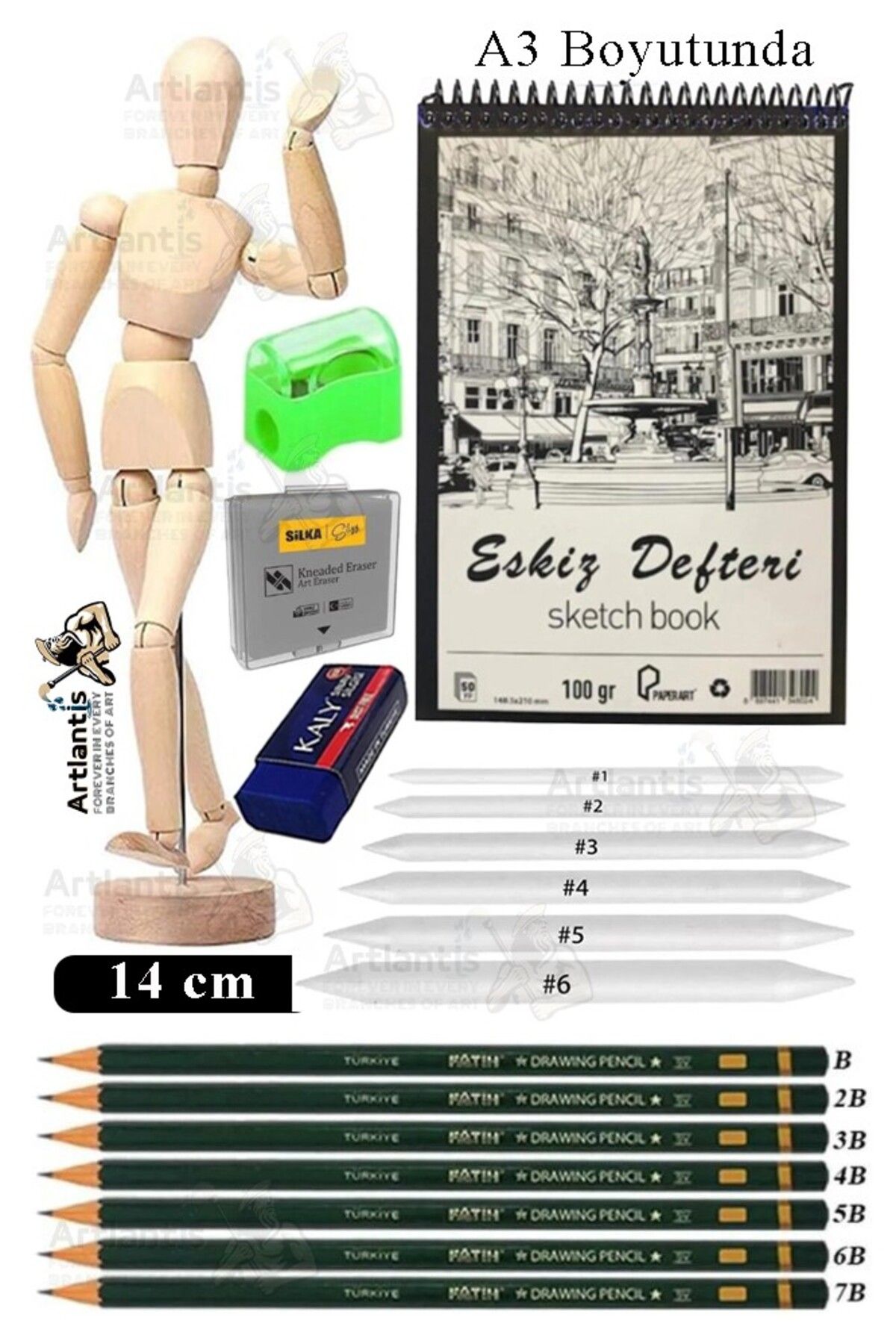 Artlantis Ahşap İnsan Modeli 14 cm A3 29,7x42 cm Eskiz Defteri Dereceli Karakalem Seti Dağıtma Kalemi Hamur Si
