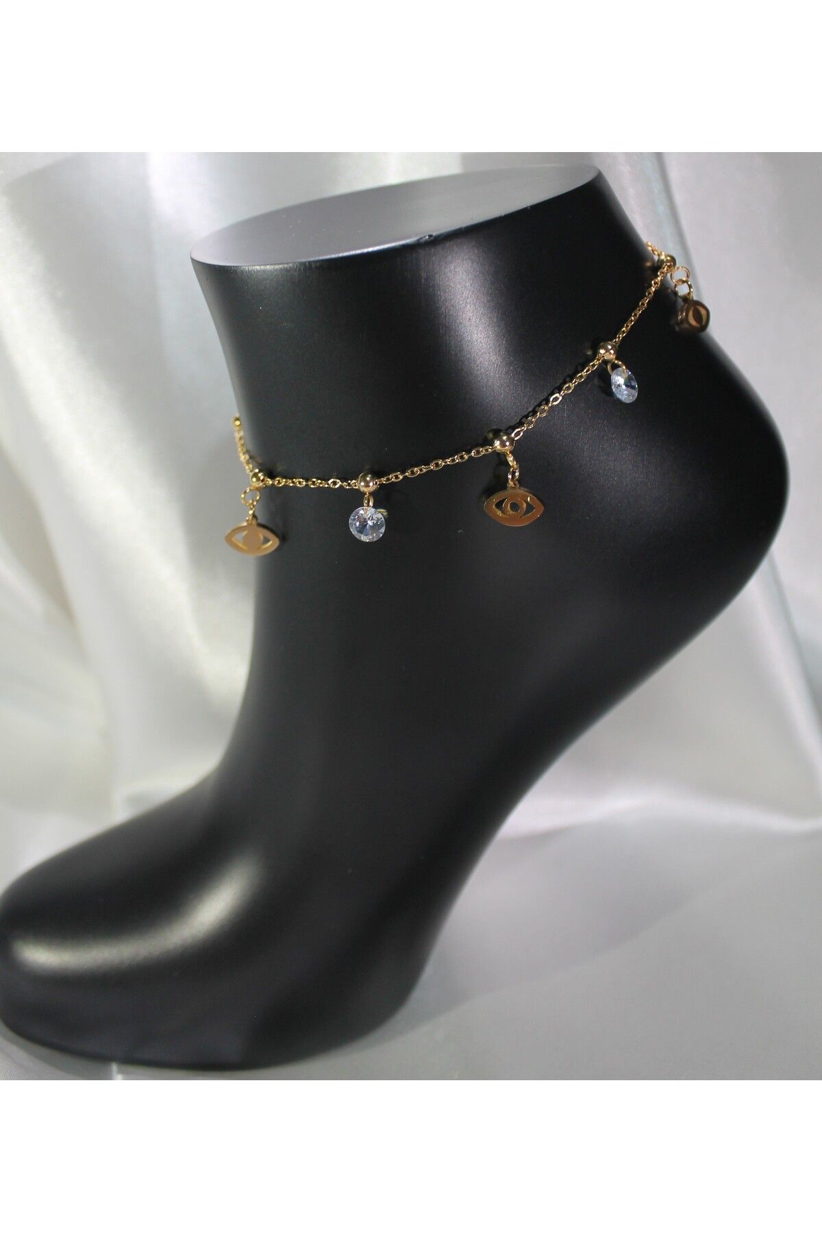 TEDDY JEWELLRY Taşlı Göz Figürlü Klasik Zincirli Gold Çelik Halhal
