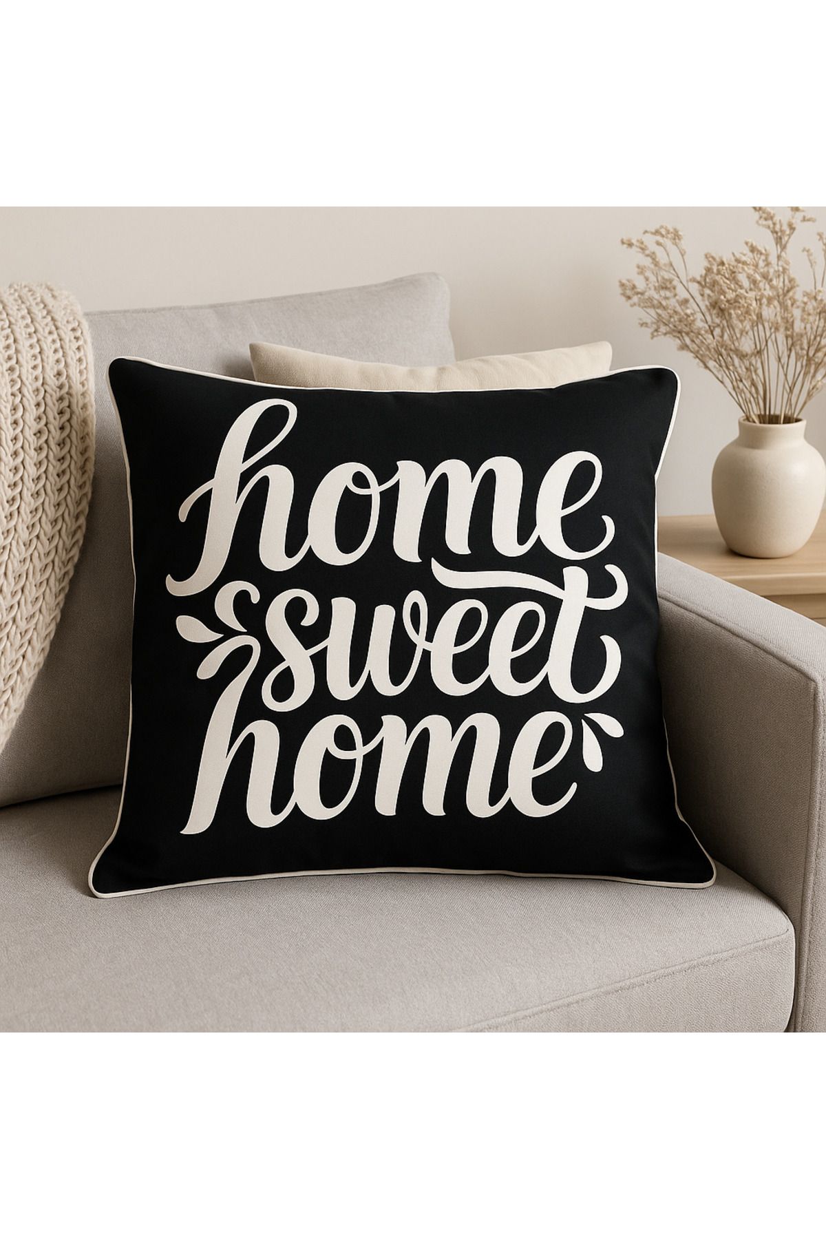 YILDIZ DİJİTAL HOME Home Sweet Home Yazılı Yastık Kılıfı 43x43 cm | Siyah Beyaz Tipografik Kırlent - Star Home’s