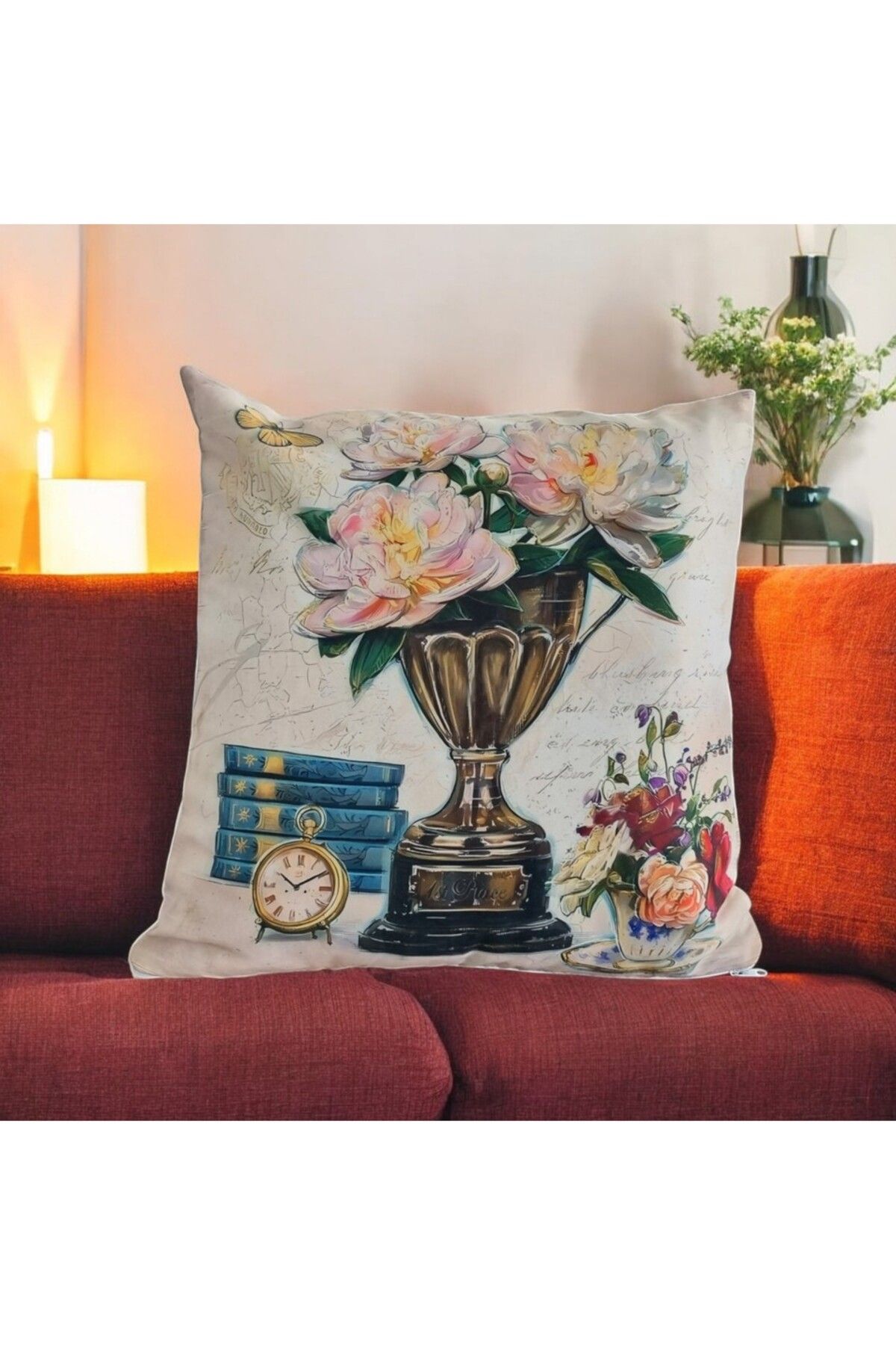 Mutlu Köşe Dijital Baskı Pastel Renklerde Vintage Vazo ve Çiçek Detaylı Pamuklu Kırlent Kılıfı