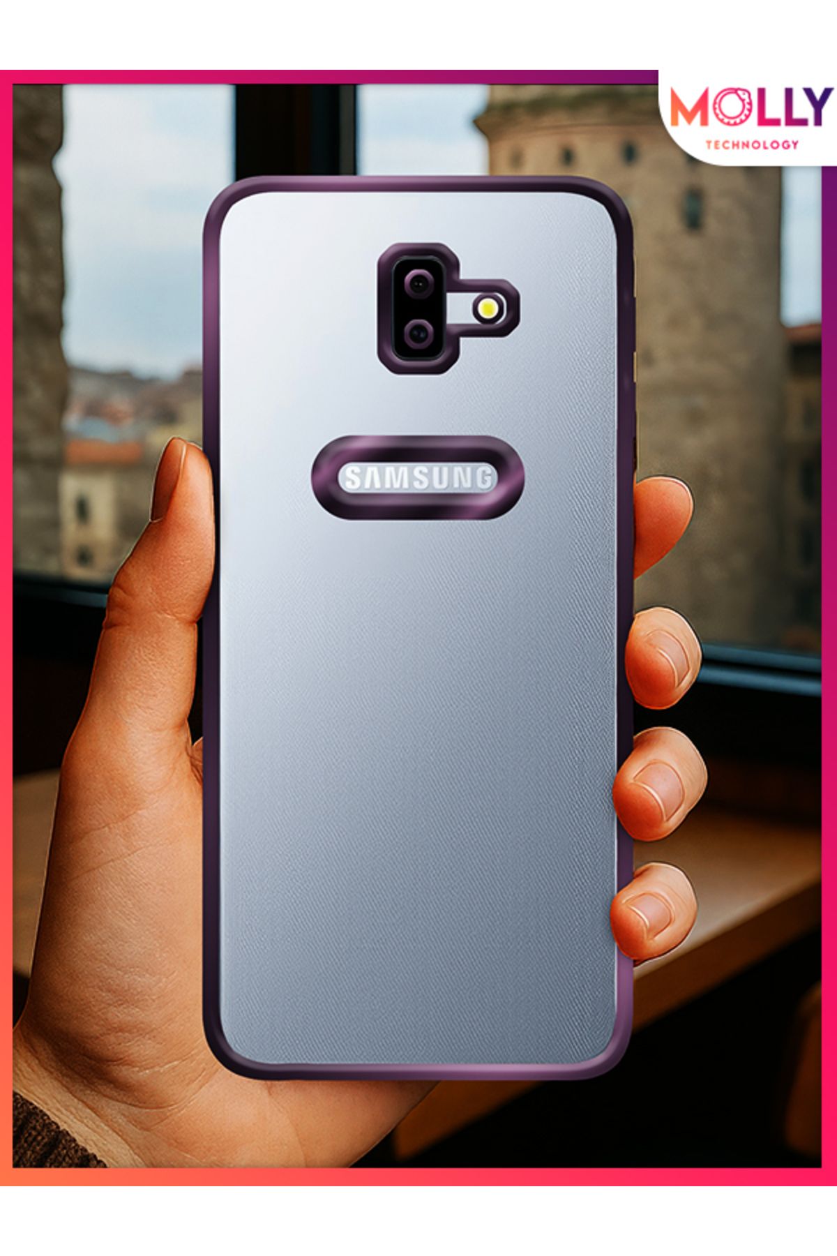 Molly Samsung Galaxy J6 PLUS İçin Kenarları Derin Mor Lens Koruyuculu Lou Lazer Şeffaf Silikon Kılıf