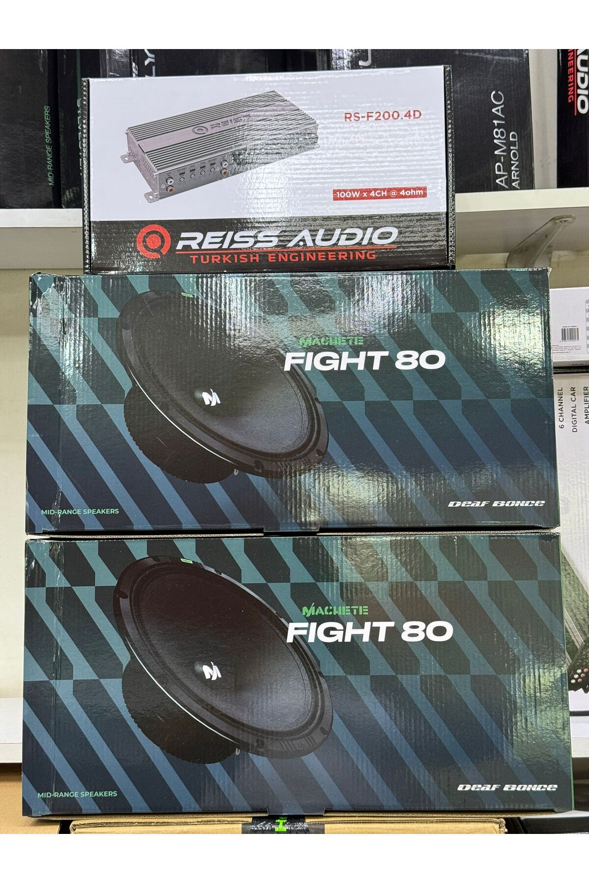REISS AUDIO MACHETE FIGHT-80 20CM İKİ TAKIM MİDRANGE RS-F200.4 4X100RMS OTO ANFİ