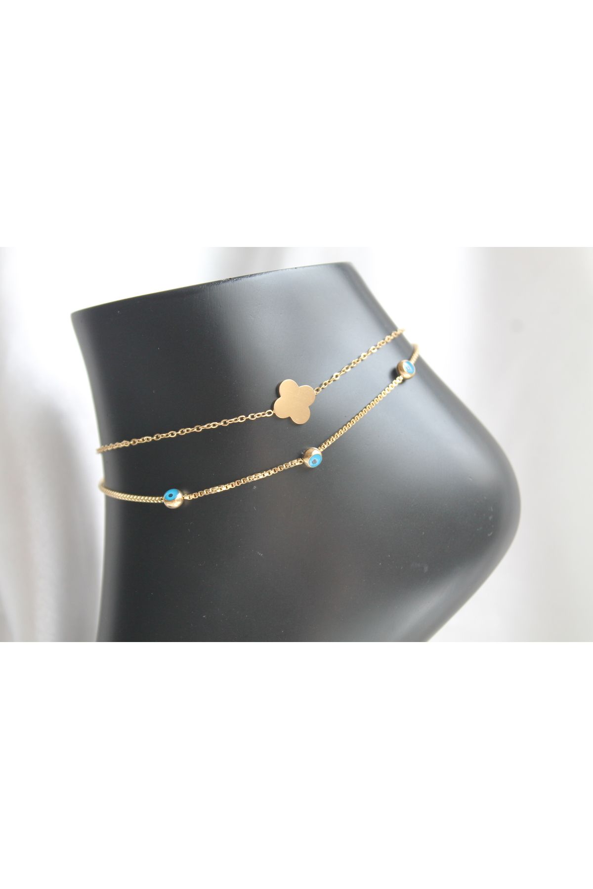 TEDDY JEWELLRY Yonca ve Nazar Boncuk Figürlü 2 li Gold Çelik Halhal