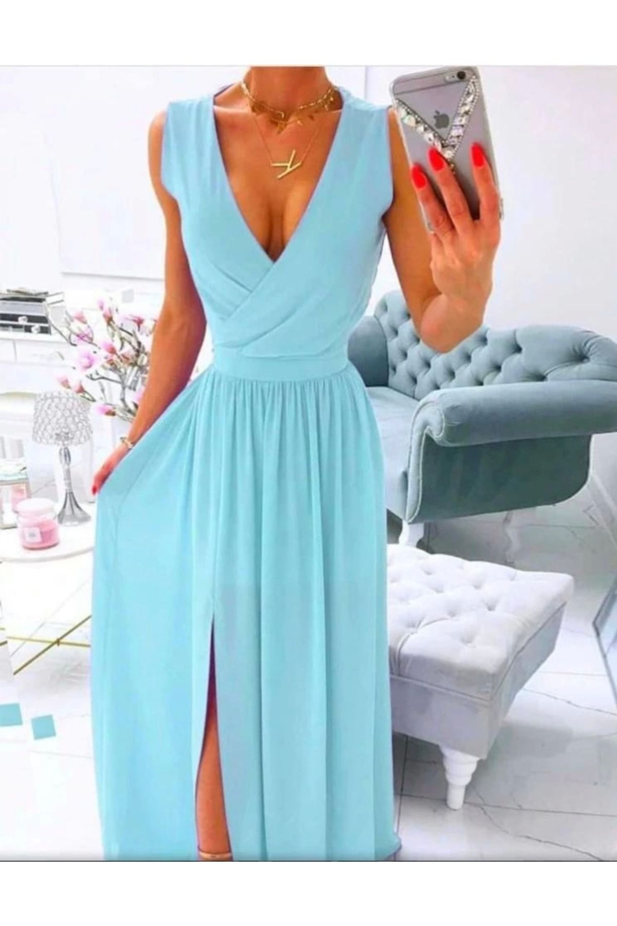 Butik Kadın şifon Kumaş V Yaka Sıfır Kol Maxi Boy Elbise