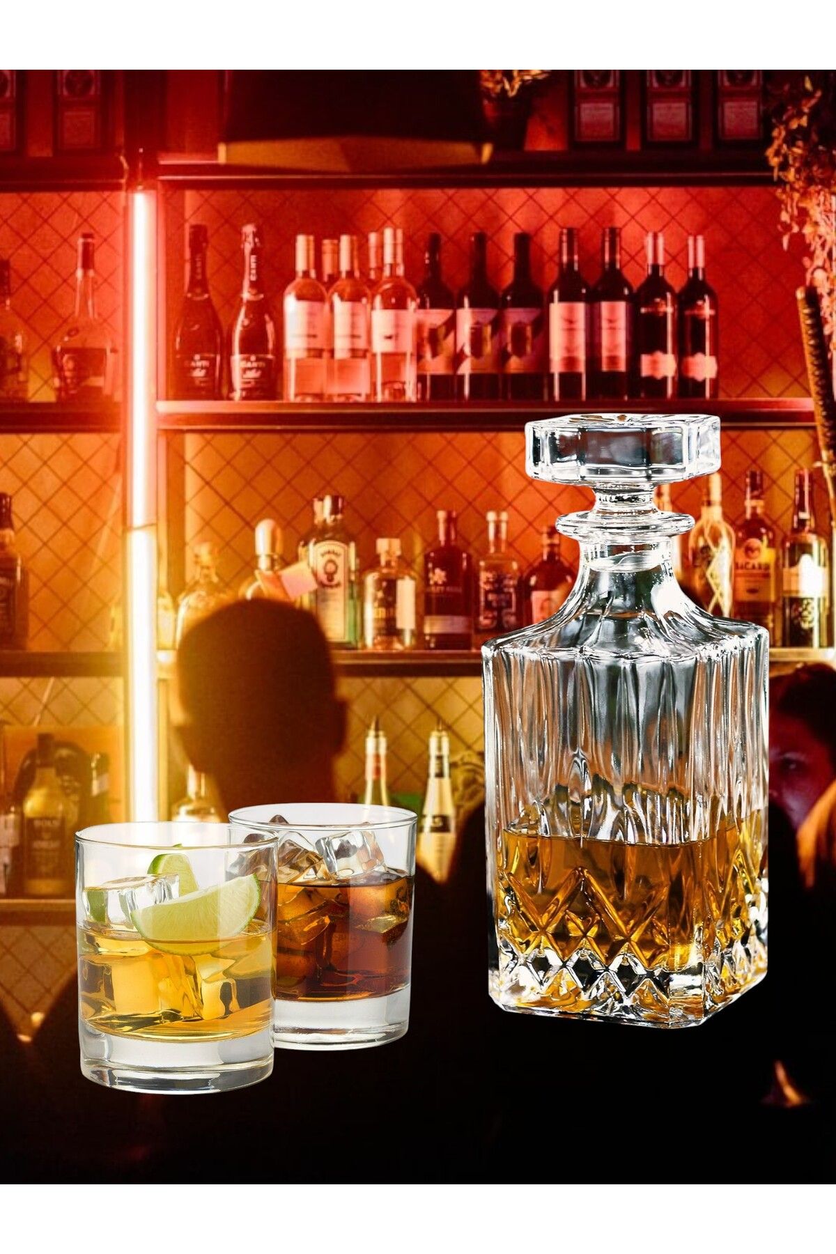 MADAME LUDA Kristal 7 Parça Viski Takımı Seti.750 ML-Karaf Şişe-6 Adet 300 ML-Viski-Likör-Şarap-Bardağı-Kadehi.