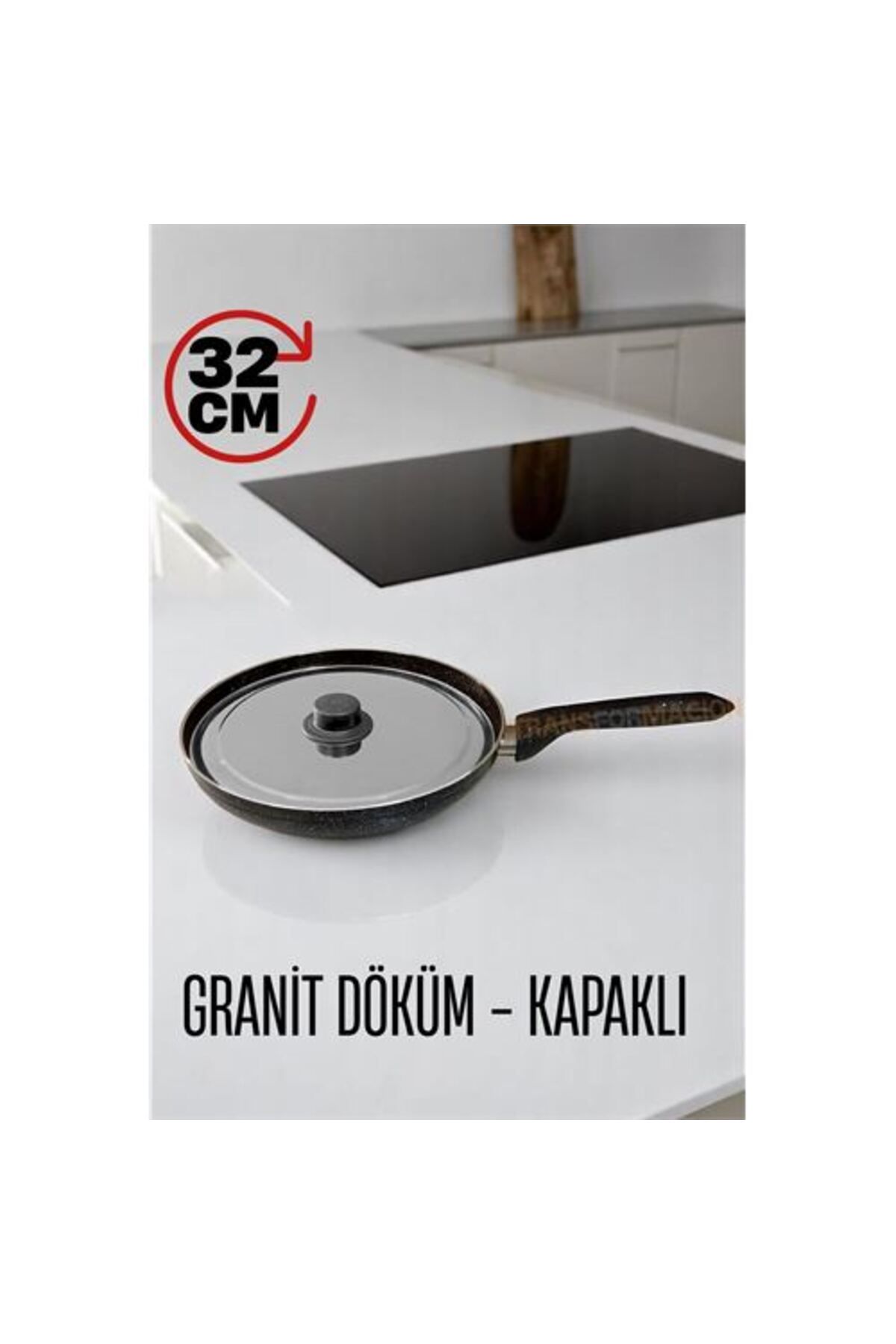 ModaCar Granit Döküm Tava Paslanmaz Çelik Kapaklı -Yapışmaz Taban 32 Cm