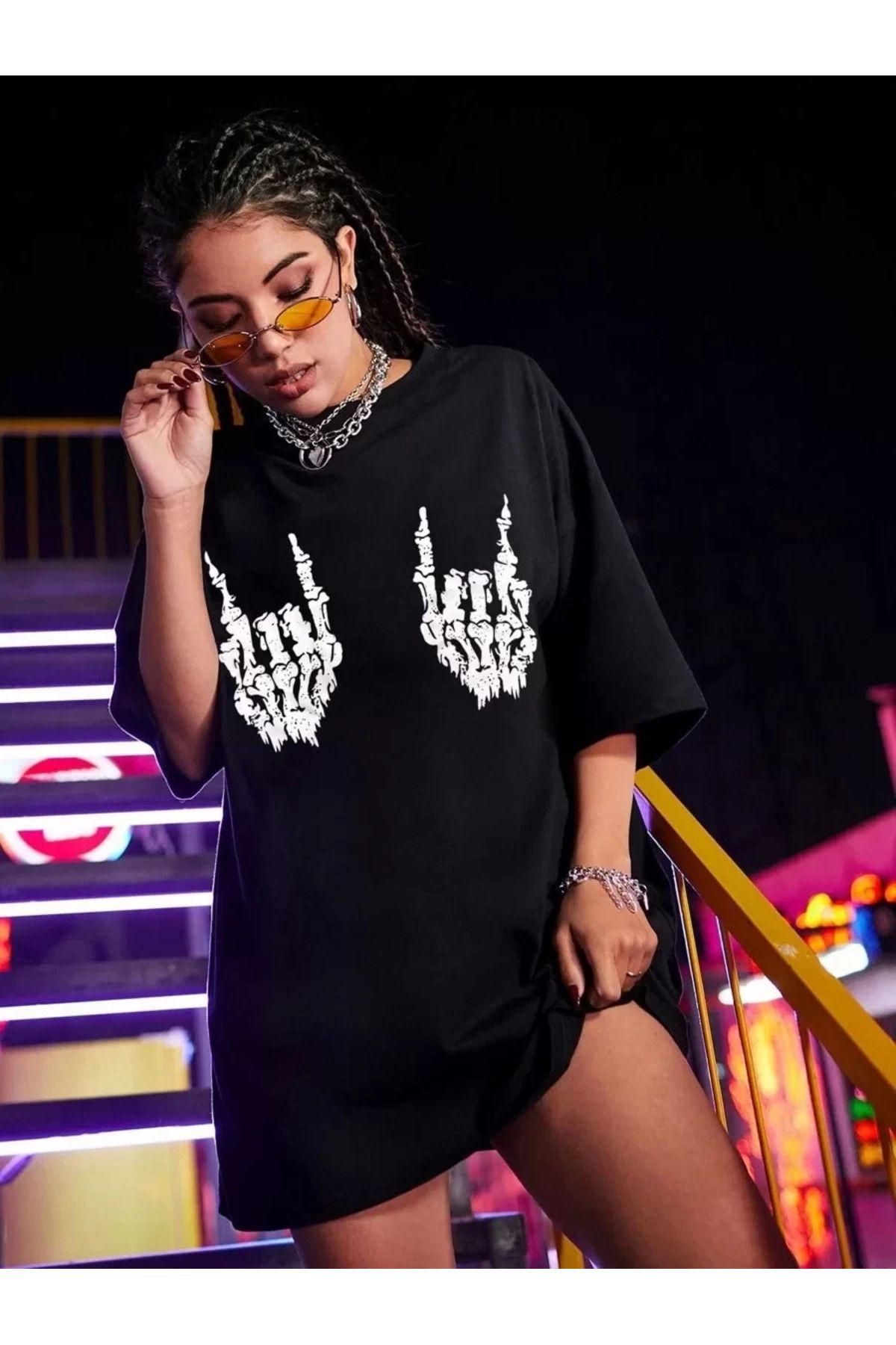 FantaziAtölyesi Kadın Baskılı Oversize T-shirt - Siyah