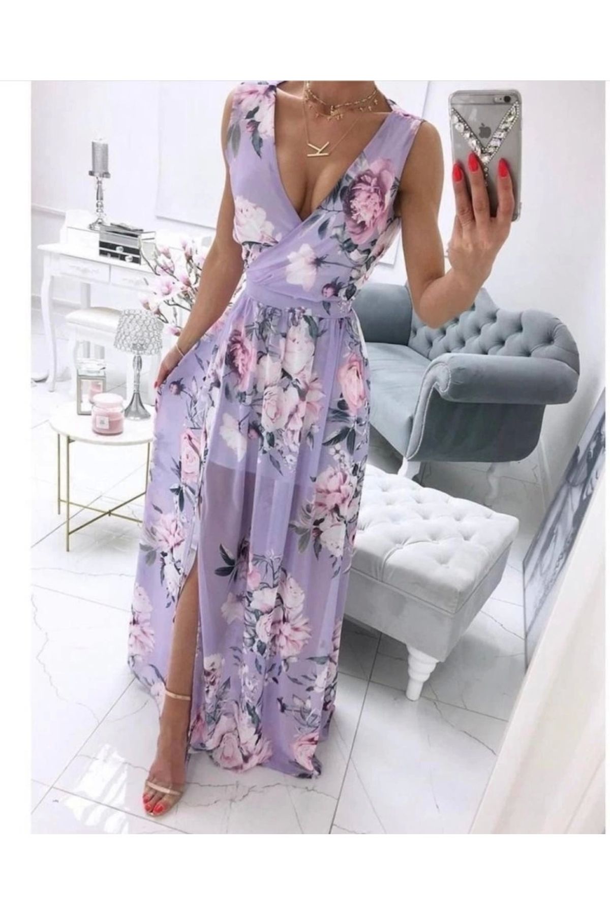 Butik Kadın şifon Kumaş V Yaka Sıfır Kol Maxi Boy Elbise
