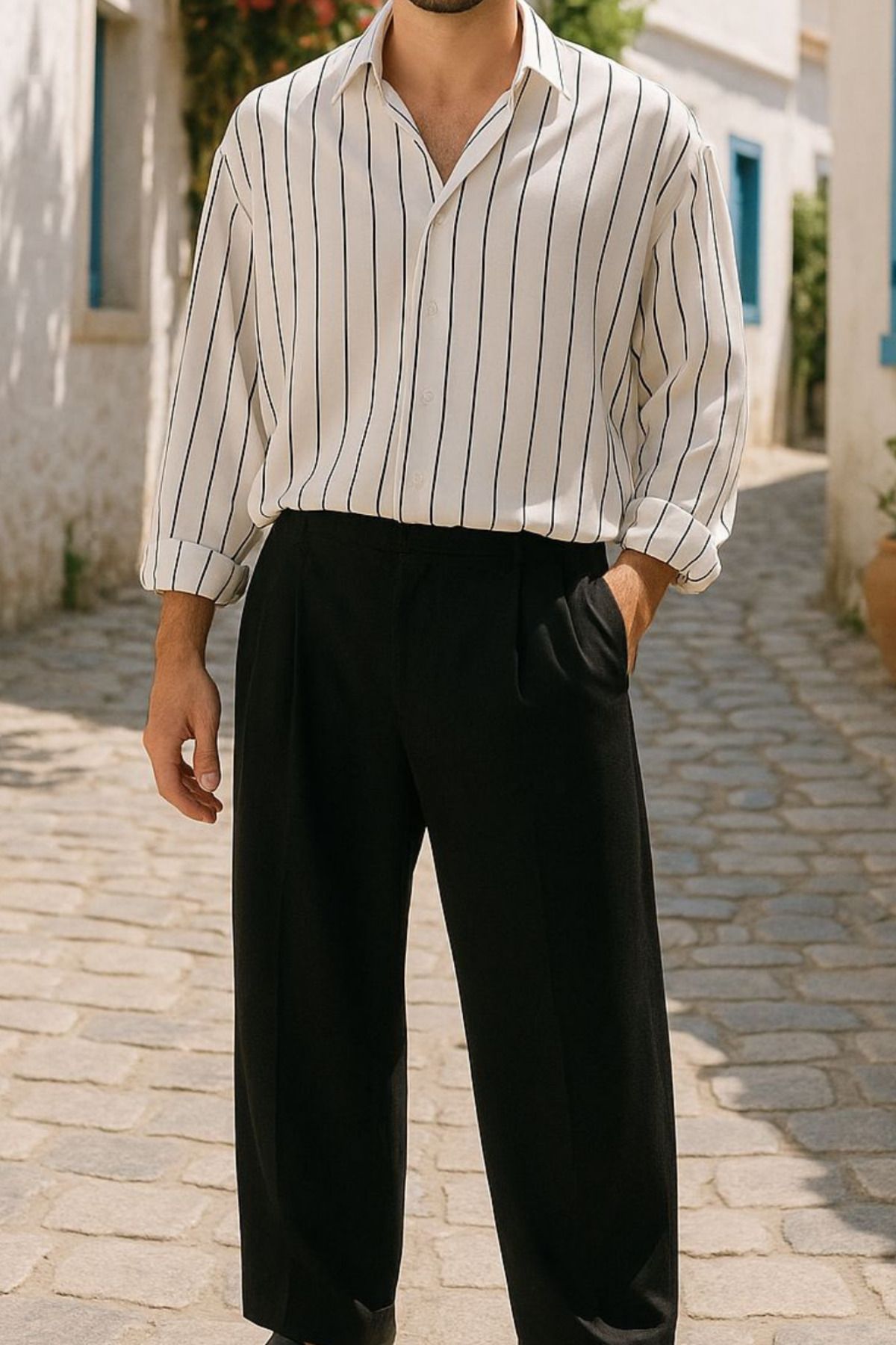 GizCollectionOnline Beyaz Çizgili Oversize %100 Pamuk Erkek Gömlek
