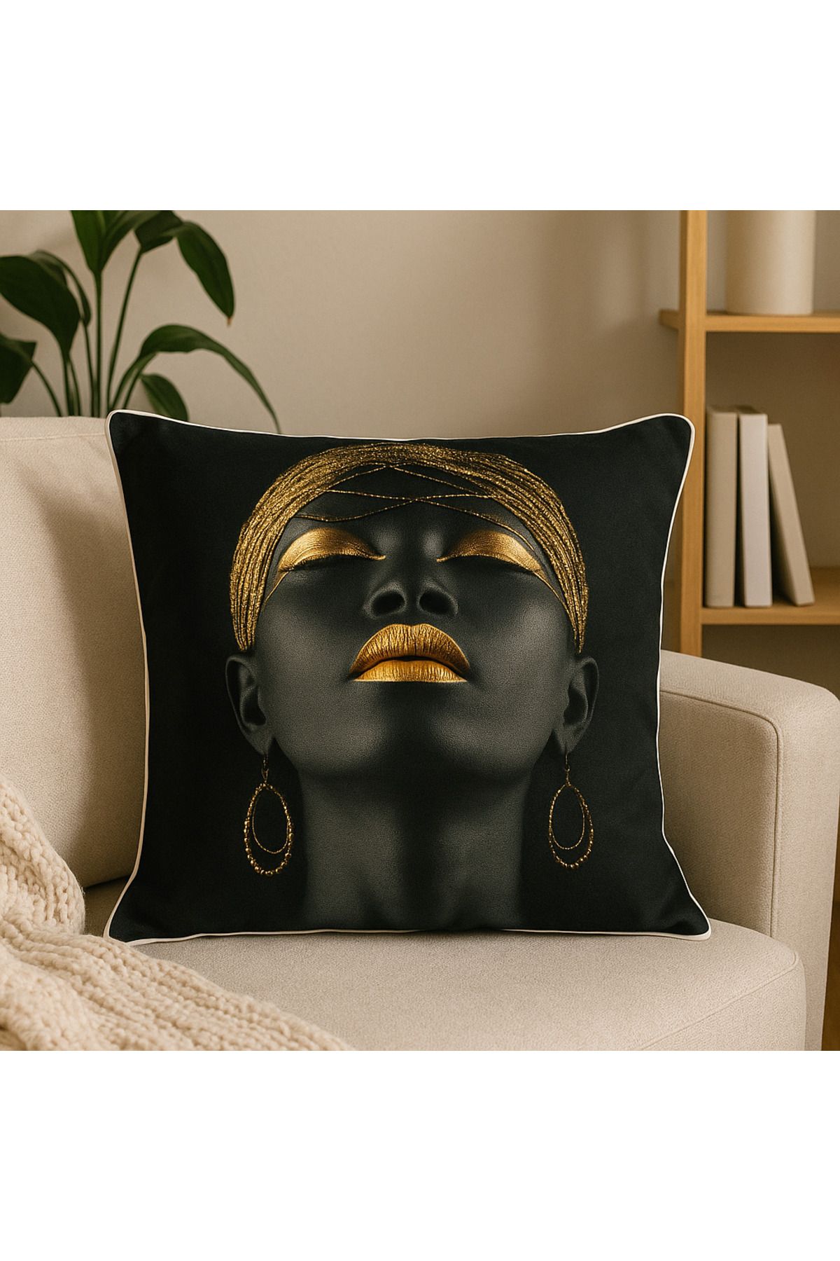 YILDIZ DİJİTAL HOME Altın Detaylı Siyah Kadın Figürlü Yastık Kılıfı 43x43 cm | Modern Sanatsal Kırlent - Star Home’s