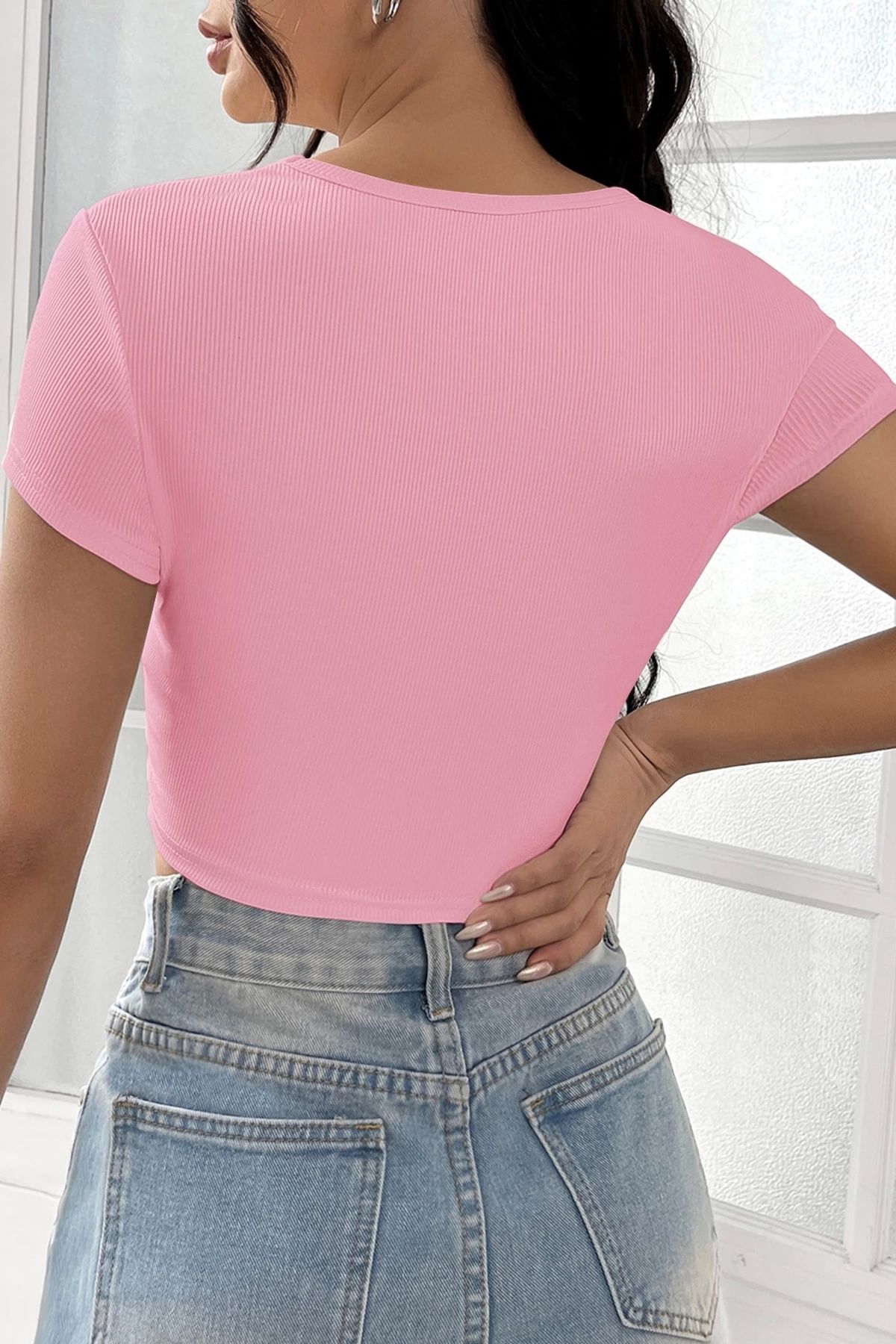 GiyimCity Kadın Pembe Yarım Kol Düz Yaka Crop Top Bluz