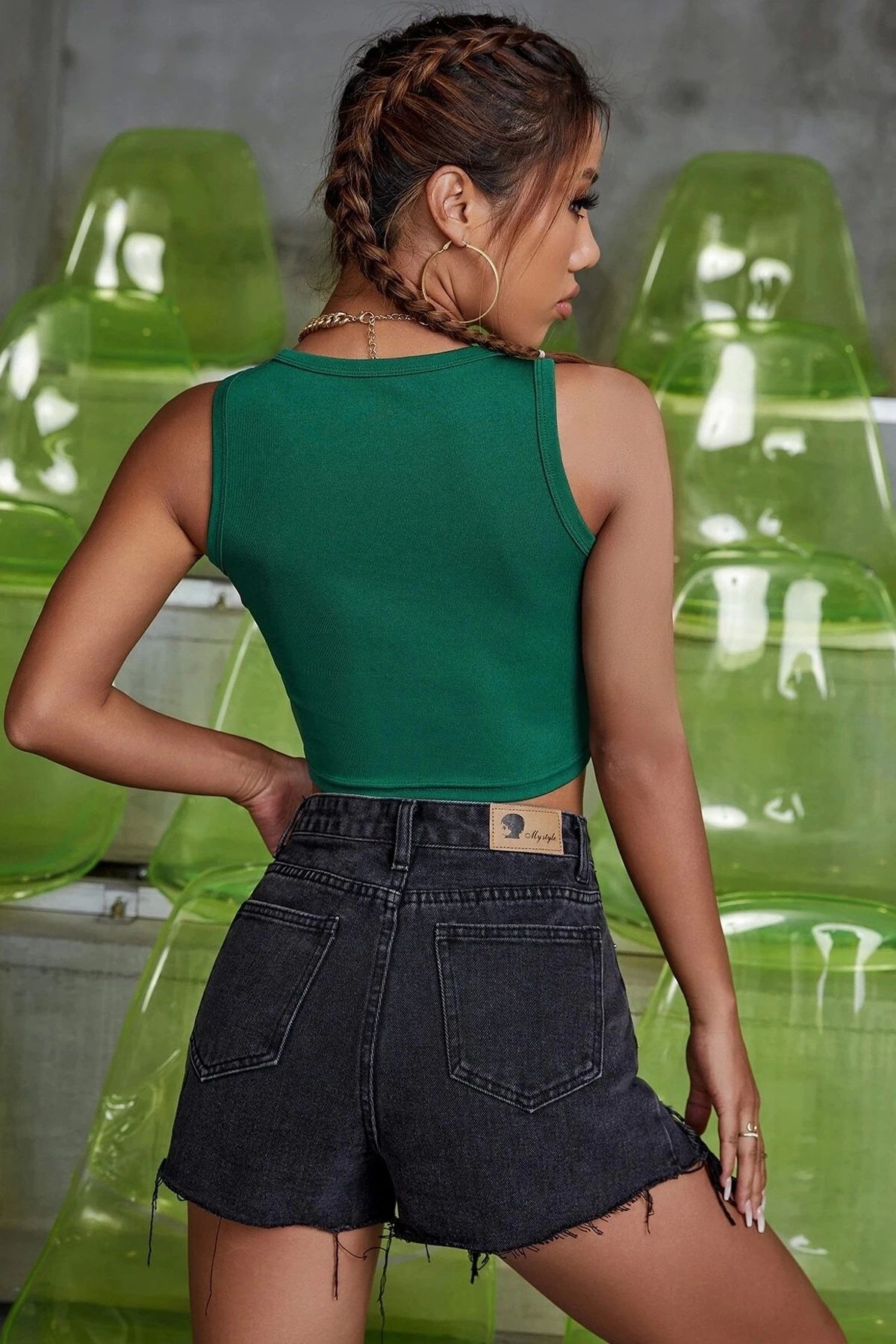 GiyimCity Kadın Yeşil Kare Yaka Crop Top Bluz