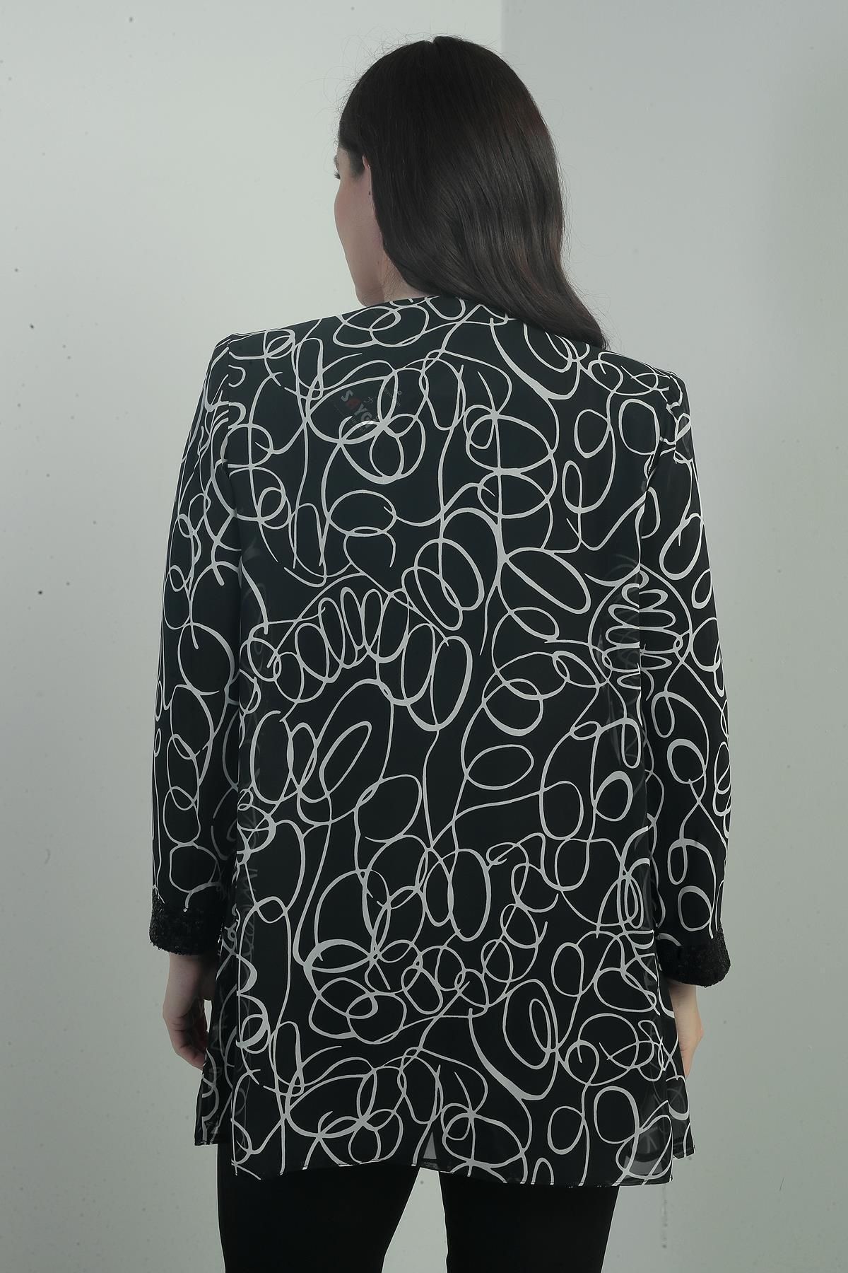 By Saygı-Women's Front and Sleeve Tip Pulpayet Detailed Abstract Patterned Chiffon Jacket Long Sleeve Lycra Blouse Large Size 4