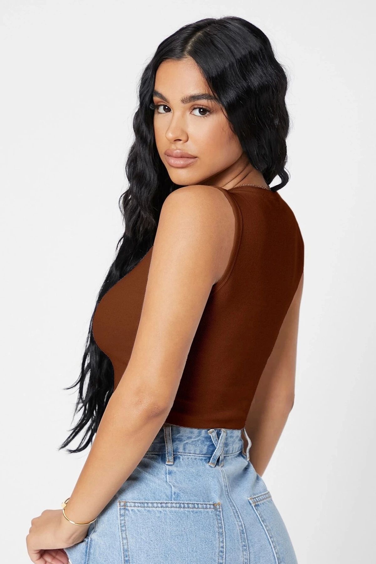 GiyimCity Kadın Kahverengi Kare Yaka Crop Top Bluz